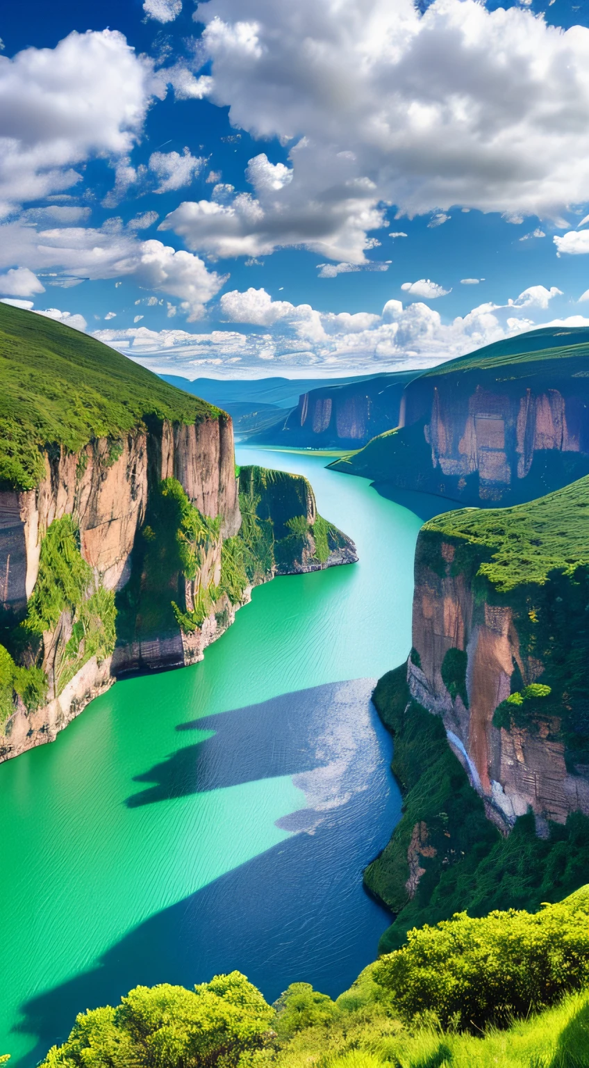 Masterpiece, ultimate quality, Cg unity 8k wallpaper, super delicate, beautiful sky and clouds, rich natural scenery, cliffs, lakes and rivers, waterfalls and flying water, beautiful green mountains, no trace of people, excellent scenery, has already won a photo contest, background Blurring, full depth of field, HDR high dynamics, true restoration, intricate, extreme details, dramatic presentation, perfectly presenting the style of midjourney art.