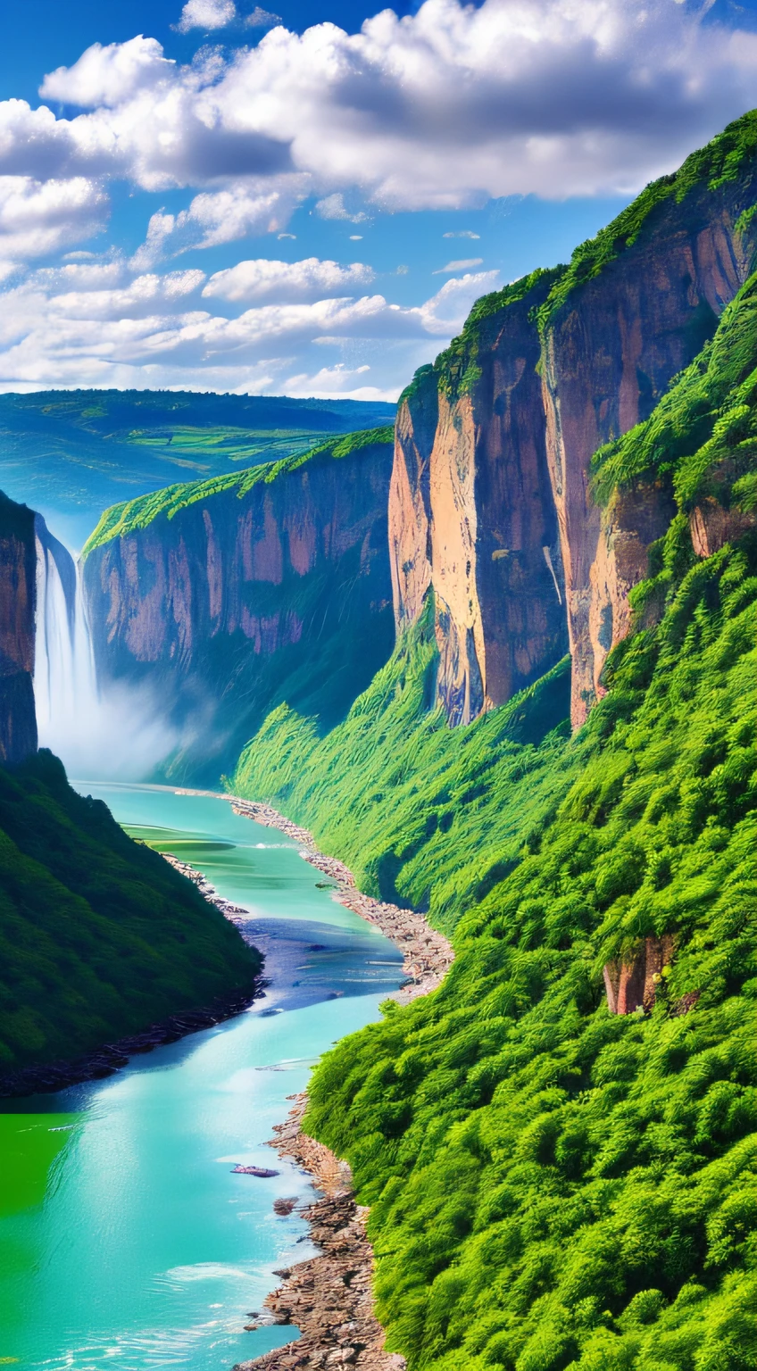 Masterpiece, ultimate quality, Cg unity 8k wallpaper, super delicate, beautiful sky and clouds, rich natural scenery, cliffs, lakes and rivers, waterfalls and flying water, beautiful green mountains, no trace of people, excellent scenery, has already won a photo contest, background Blurring, full depth of field, HDR high dynamics, true restoration, intricate, extreme details, dramatic presentation, perfectly presenting the style of midjourney art.