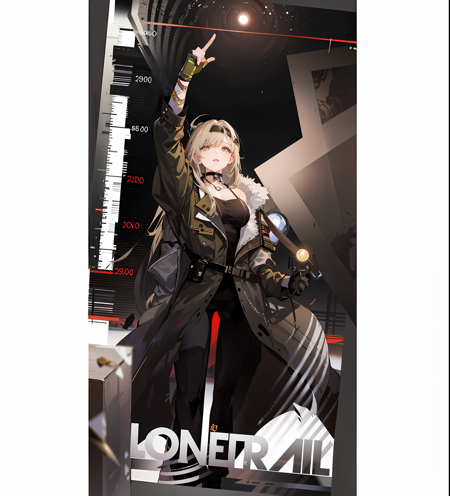 There is a poster of a woman in a trench coat, From the Ark of Tomorrow, key art, Fine details. Ark of tomorrow, Cosmic theme, Official artwork, anime poster film still portrait, offcial art, full art, girls frontline style, promotional poster art, official poster artwork, full - length view, shot from afar