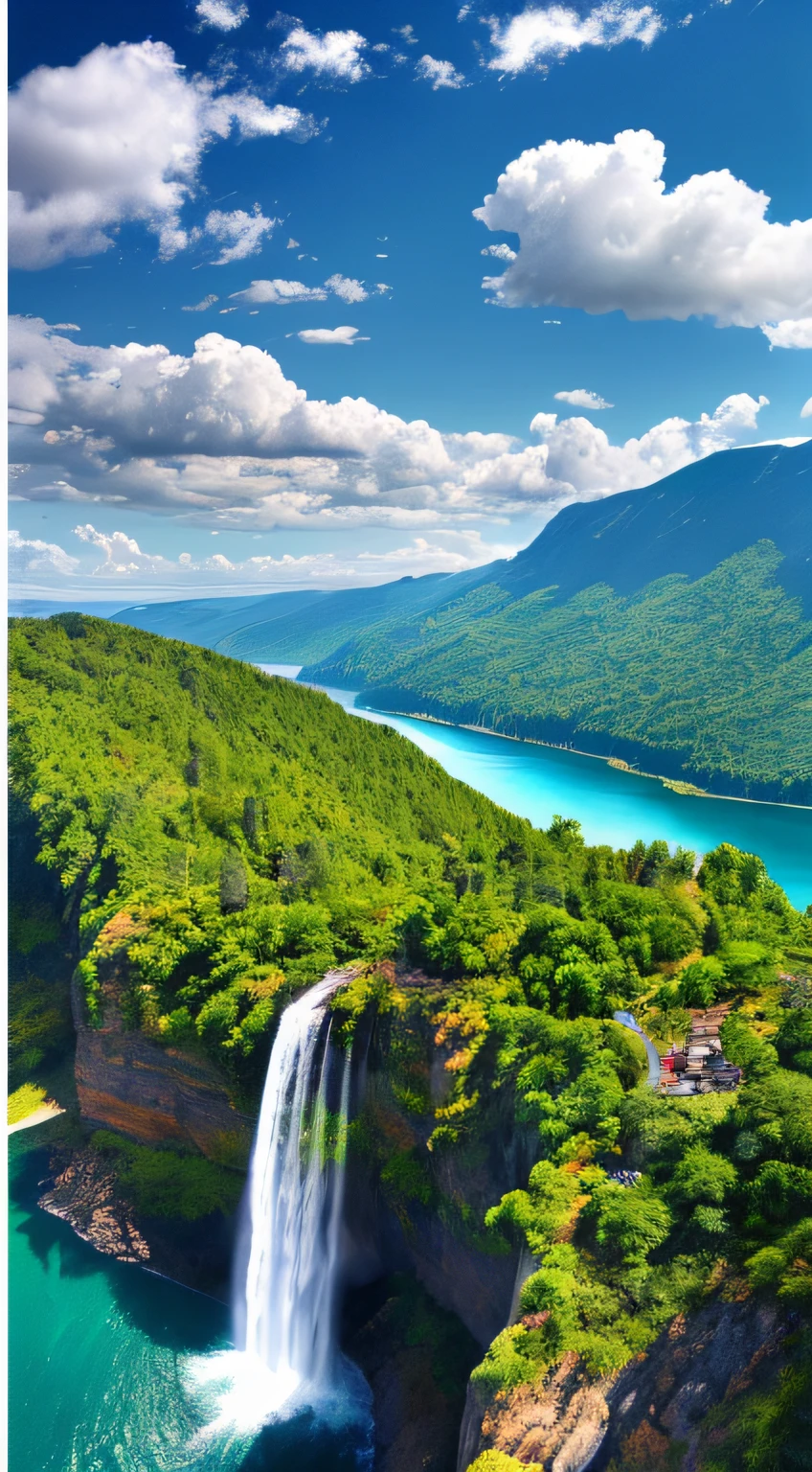 Masterpiece, ultimate quality, Cg unity 8k wallpaper, super delicate, beautiful sky and clouds, rich natural scenery, cliffs, lakes and rivers, waterfalls and flying water, beautiful green mountains, no trace of people, excellent scenery, has already won a photo contest, background Blurring, full depth of field, HDR high dynamics, true restoration, intricate, extreme details, dramatic presentation, perfectly presenting the style of midjourney art.