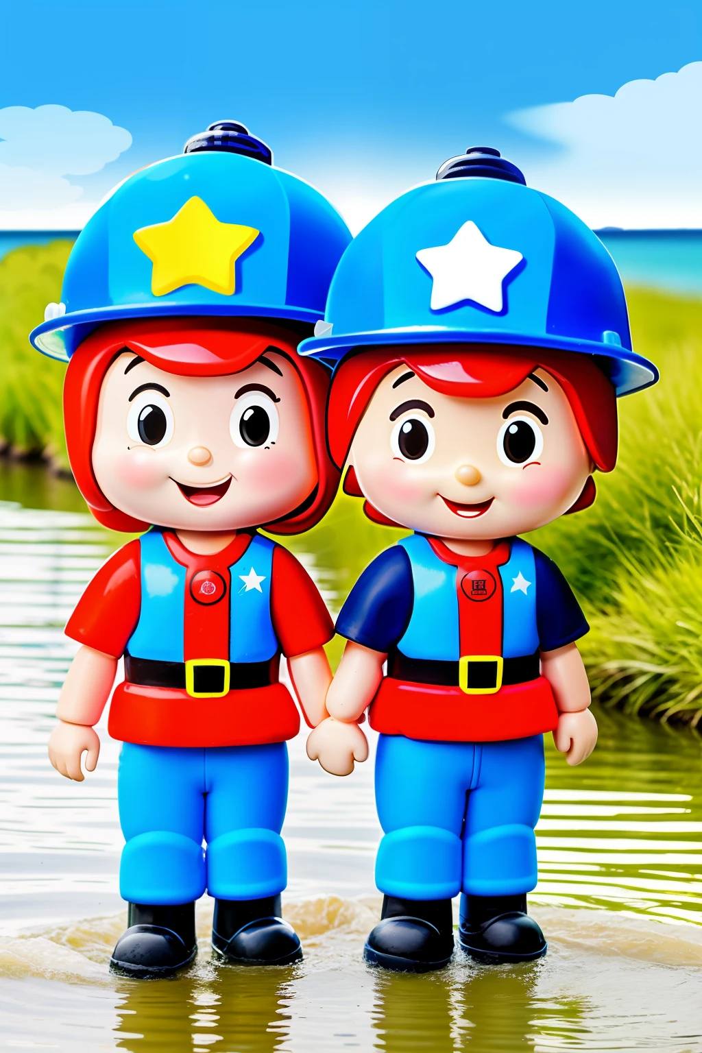 Cartoon characters Folk public welfare water rescue team Blue sky rescue team Blue clothes Blue hat