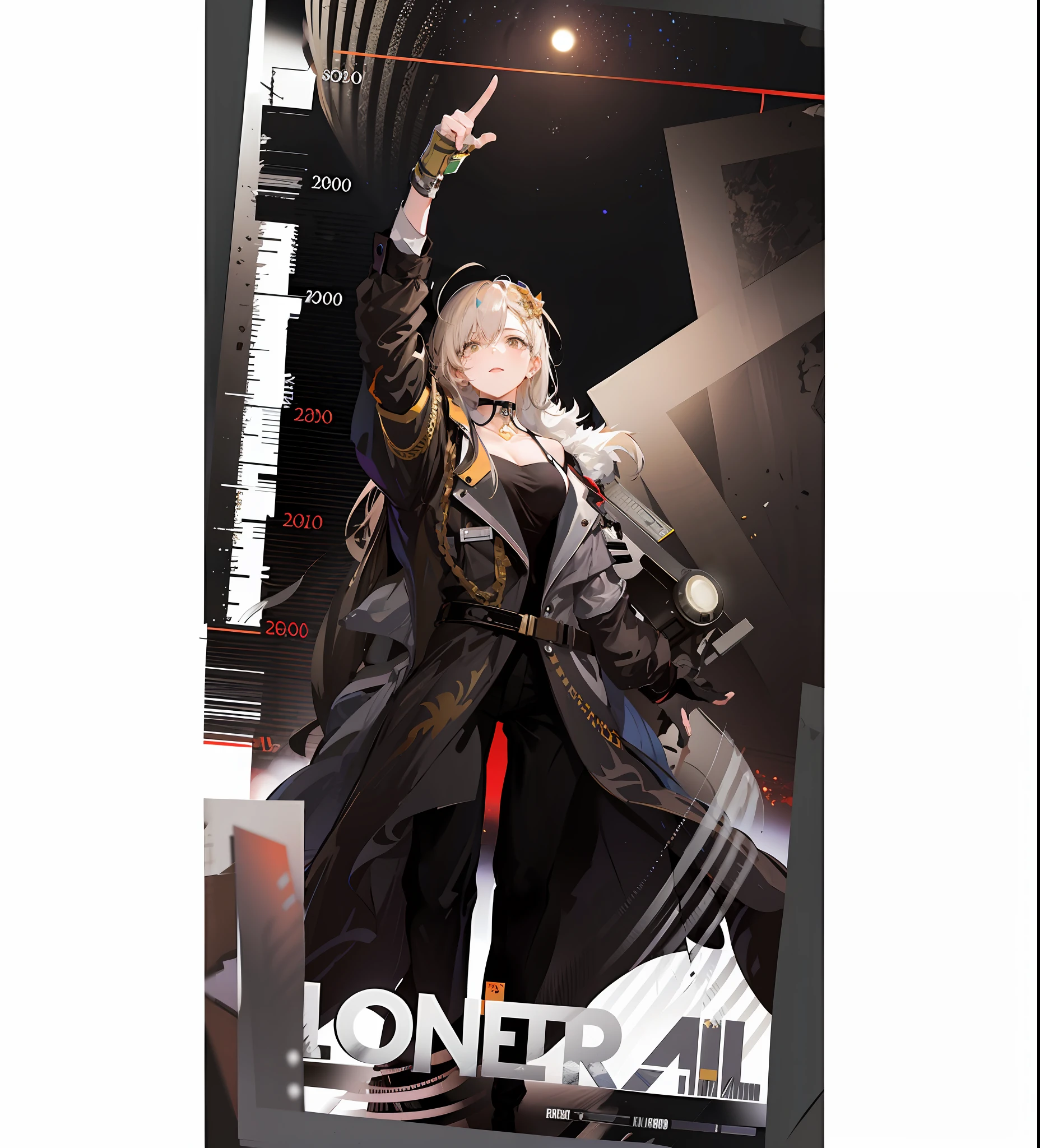 There is a poster of a woman in a trench coat, From the Ark of Tomorrow, key art, Fine details. Ark of tomorrow, Cosmic theme, Official artwork, anime poster film still portrait, offcial art, full art, girls frontline style, promotional poster art, official poster artwork, full - length view, shot from afar