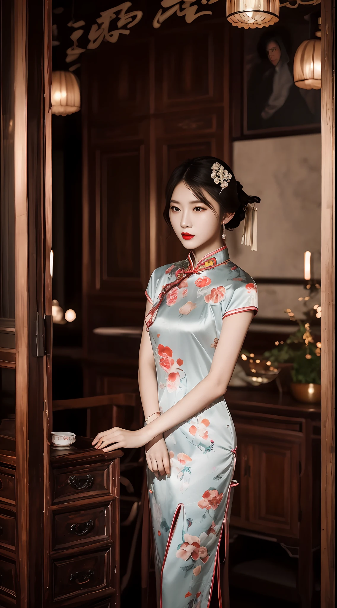 Beautiful and lonely cheongsam woman,She wears lipstick,Dark lights filled the surroundings,Atmosphere at night,Full of Chinese atmosphere,She missed her lover,Deeply enveloped in sadness,The picture is HD,A masterpiece。
