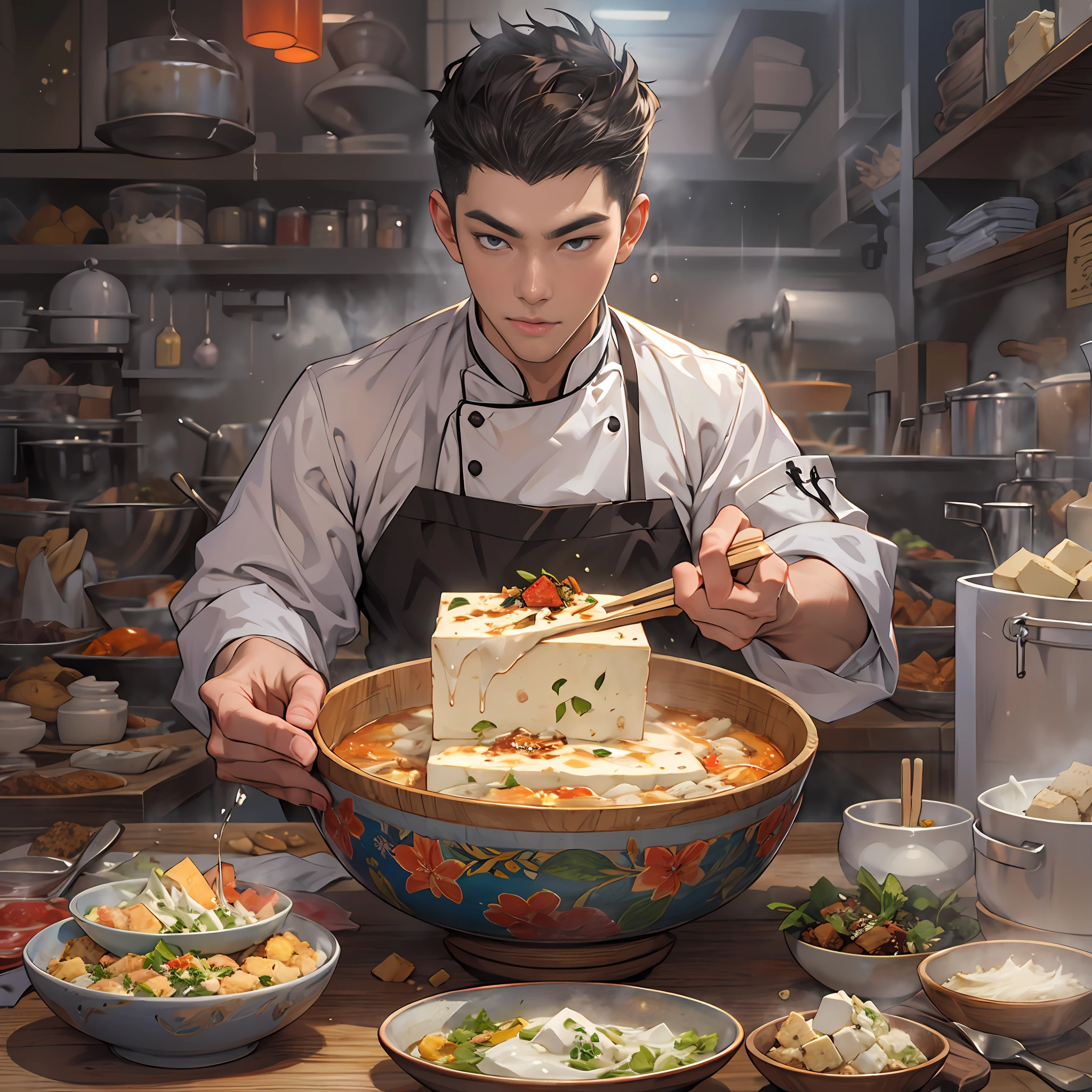 A young and handsome male chef is holding a bowl of savory tofu pudding, with a bill worth 666 yuan in front of him. The tofu pudding is fresh, tender, and enticing, with smooth white tofu and richly flavored ingredients that are visually appealing and delicious.,in the style of the stars art group xing xing, 32k, best quality, masterpiece, super detail, high details