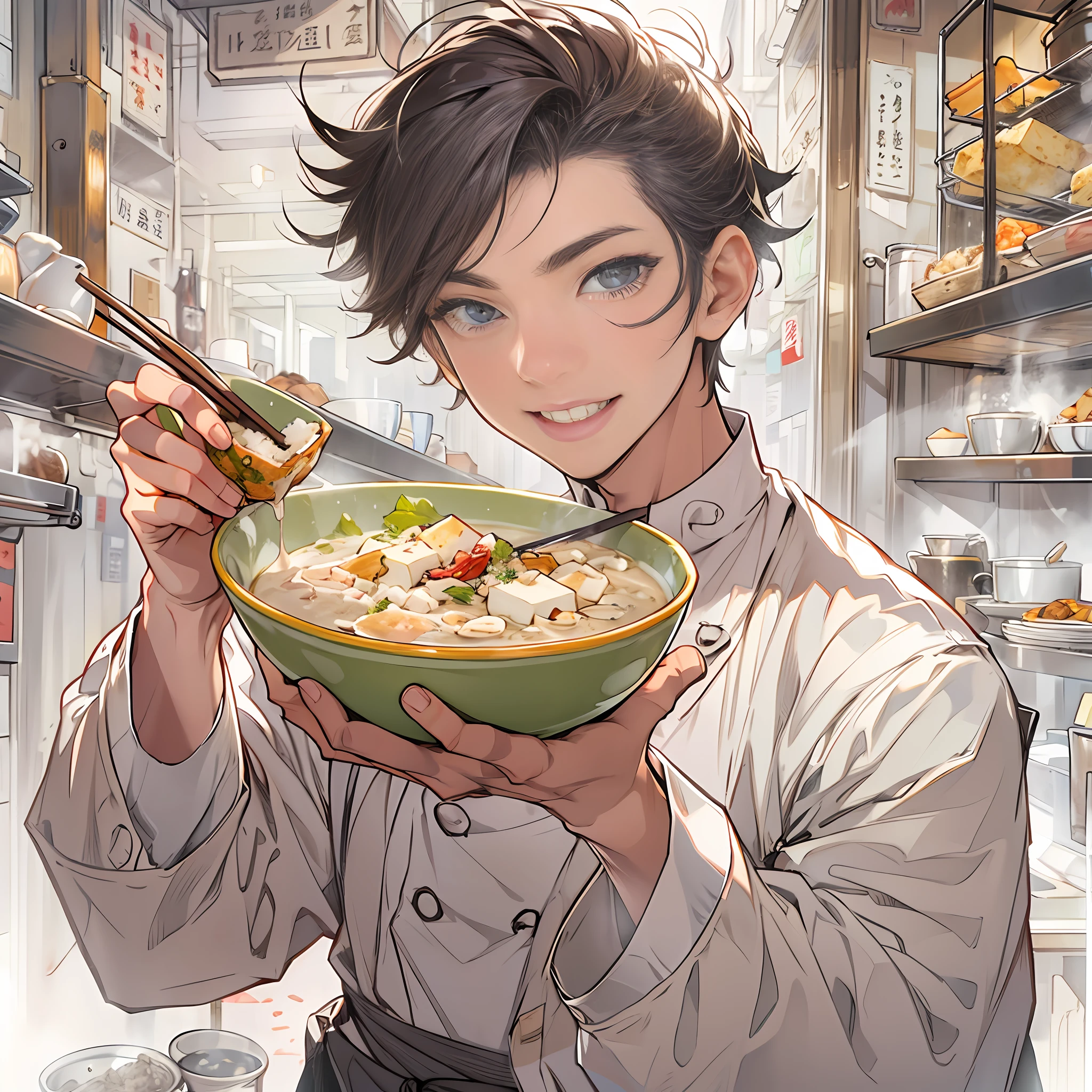 A young and handsome male chef is holding a bowl of savory tofu pudding, with a bill worth 666 yuan in front of him. The tofu pudding is fresh, tender, and enticing, with smooth white tofu and richly flavored ingredients that are visually appealing and delicious.,in the style of the stars art group xing xing, 32k, best quality, masterpiece, super detail, high details