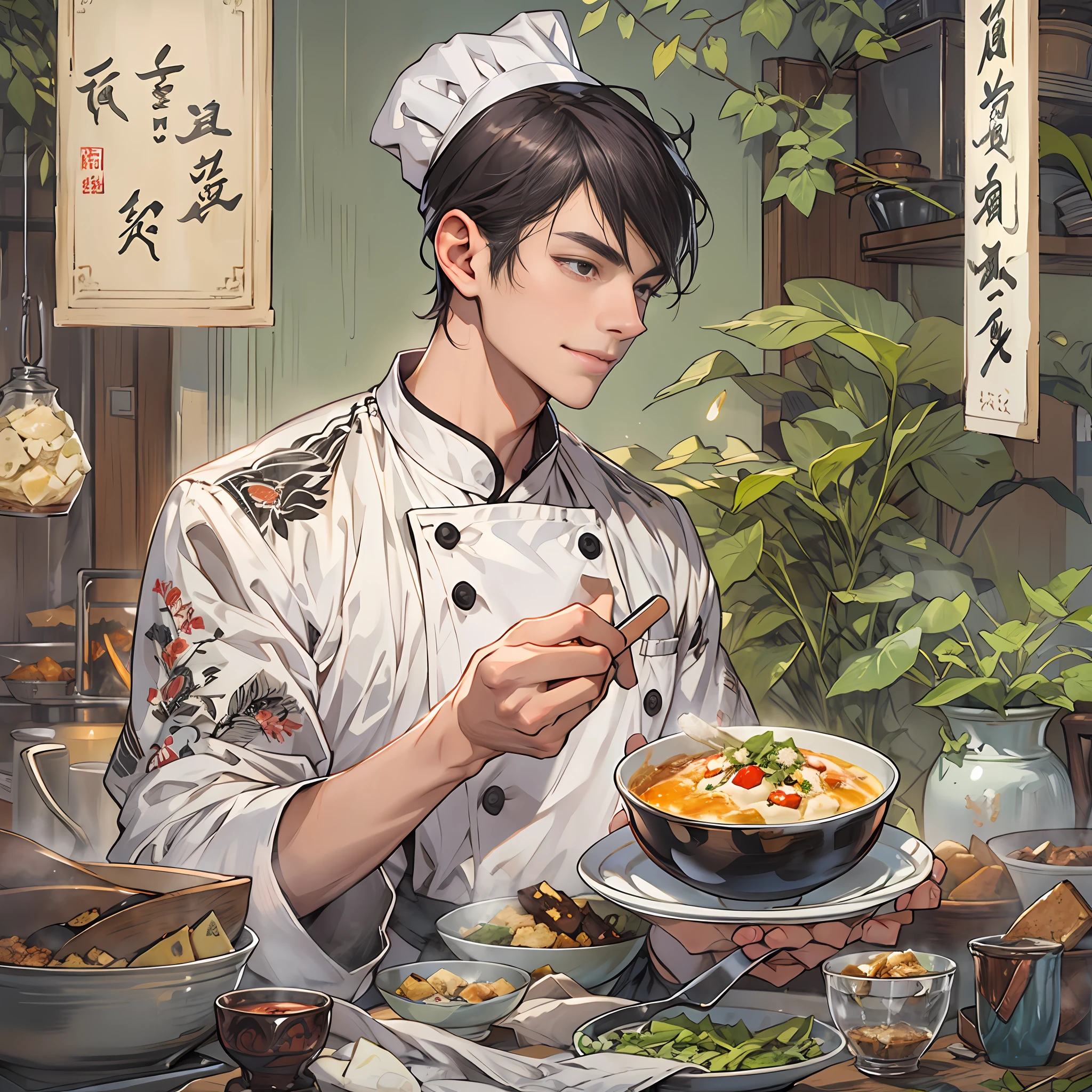 A young and handsome male chef is holding a bowl of savory tofu pudding, with a bill worth 666 yuan in front of him. The tofu pudding is fresh, tender, and enticing, with smooth white tofu and richly flavored ingredients that are visually appealing and delicious.,in the style of the stars art group xing xing, 32k, best quality, masterpiece, super detail, high details