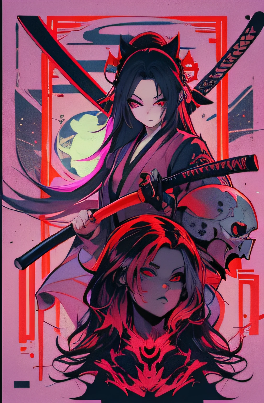 Samurai mulher, com cabelos vermelhos, Red eyes in a gothic setting::2 Demonic katana, cubismo, vectorization, cores vibrantes, surrealismo, synthwave:: estampa para camiseta, Centralized graphic design, fundo liso