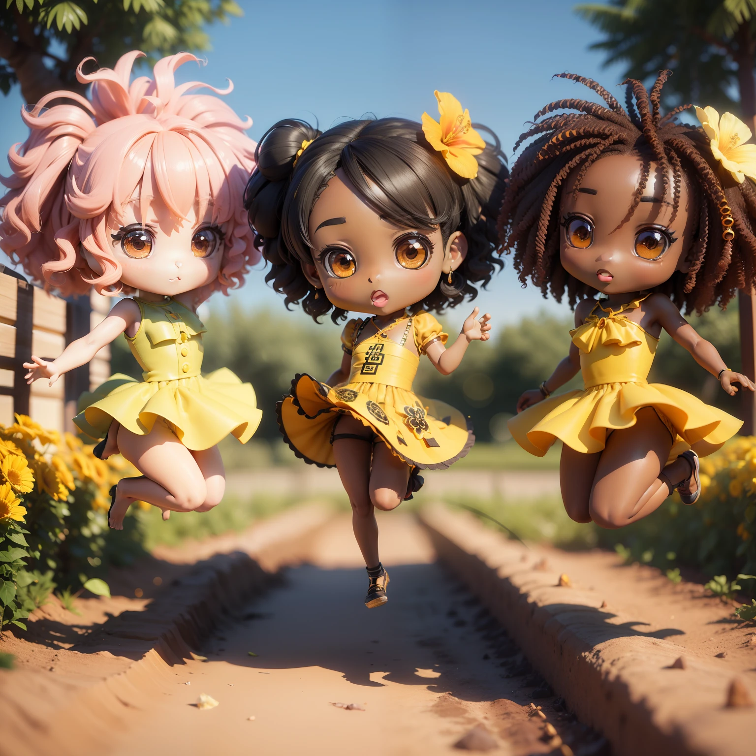 (((Chibi 3D))),Very cute and beautiful chibi anime/African black skin,Black color in afro hairstyles,Face angle,Bright orange and yellow dress,Hibiscus garden,Scene of jumping high。