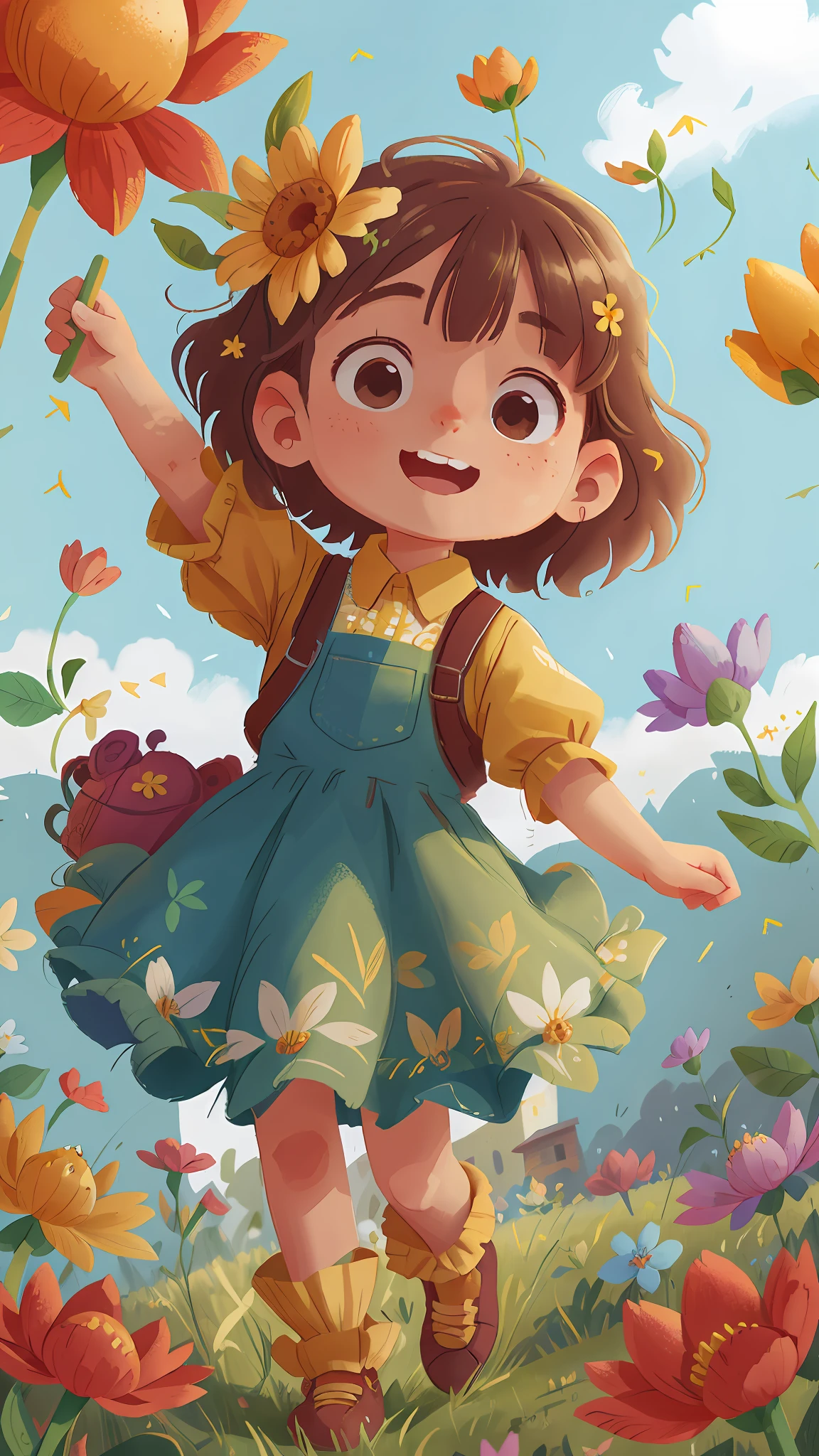 A girl holding flowers, colorful balloons floating in the sky, meadow, dancing, holding flowers, happy, happy, perfect quality, clear focus (clutter-home: 0.8), (masterpiece: 1.2) (Realistic: 1.2) (Bokeh) (Best quality) (Detailed skin: 1.3) (Intricate details) (8K) (Detail Eyes) (Sharp Focus), (Happy)