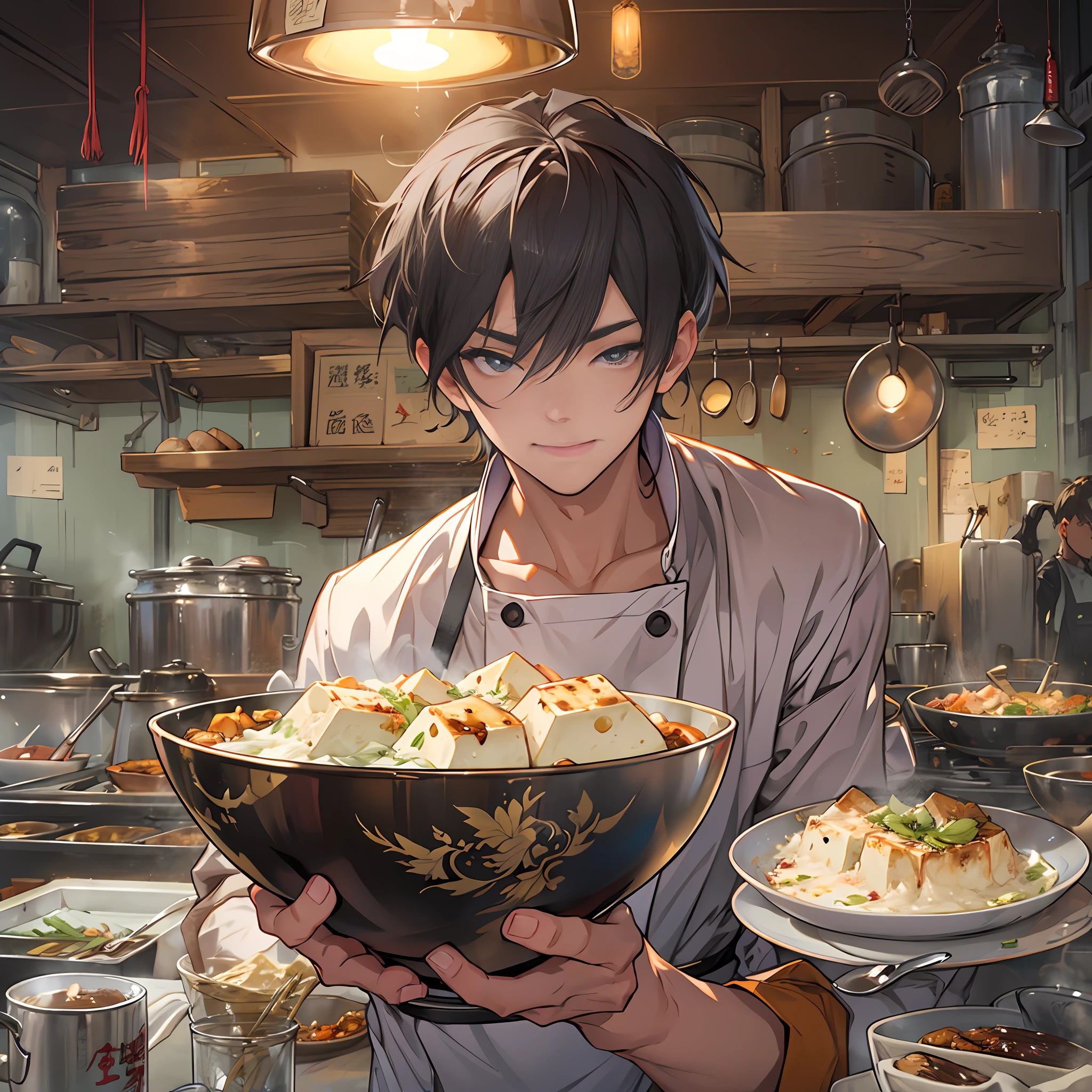A young and handsome male chef is holding a bowl of savory tofu pudding, with a bill worth 666 yuan in front of him. The tofu pudding is fresh, tender, and enticing, with smooth white tofu and richly flavored ingredients that are visually appealing and delicious.,in the style of the stars art group xing xing, 32k, best quality, masterpiece, super detail, high details