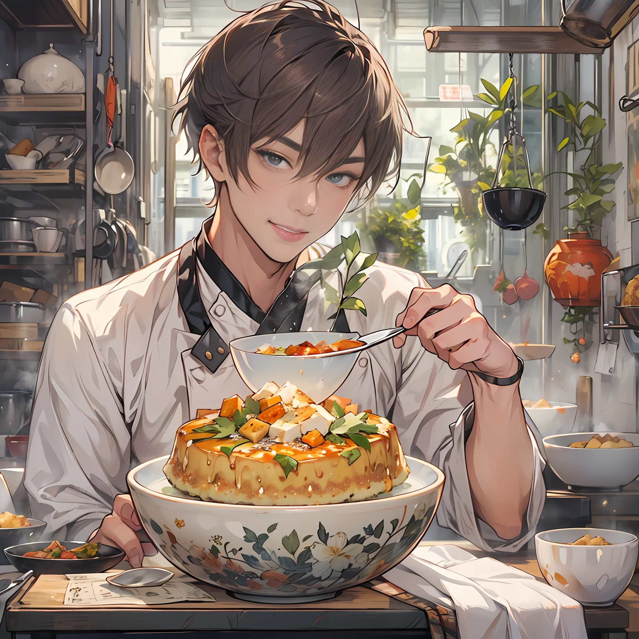 A young and handsome male chef is holding a bowl of savory tofu pudding, with a bill worth 666 yuan in front of him. The tofu pudding is fresh, tender, and enticing, with smooth white tofu and richly flavored ingredients that are visually appealing and delicious.,in the style of the stars art group xing xing, 32k, best quality, masterpiece, super detail, high details