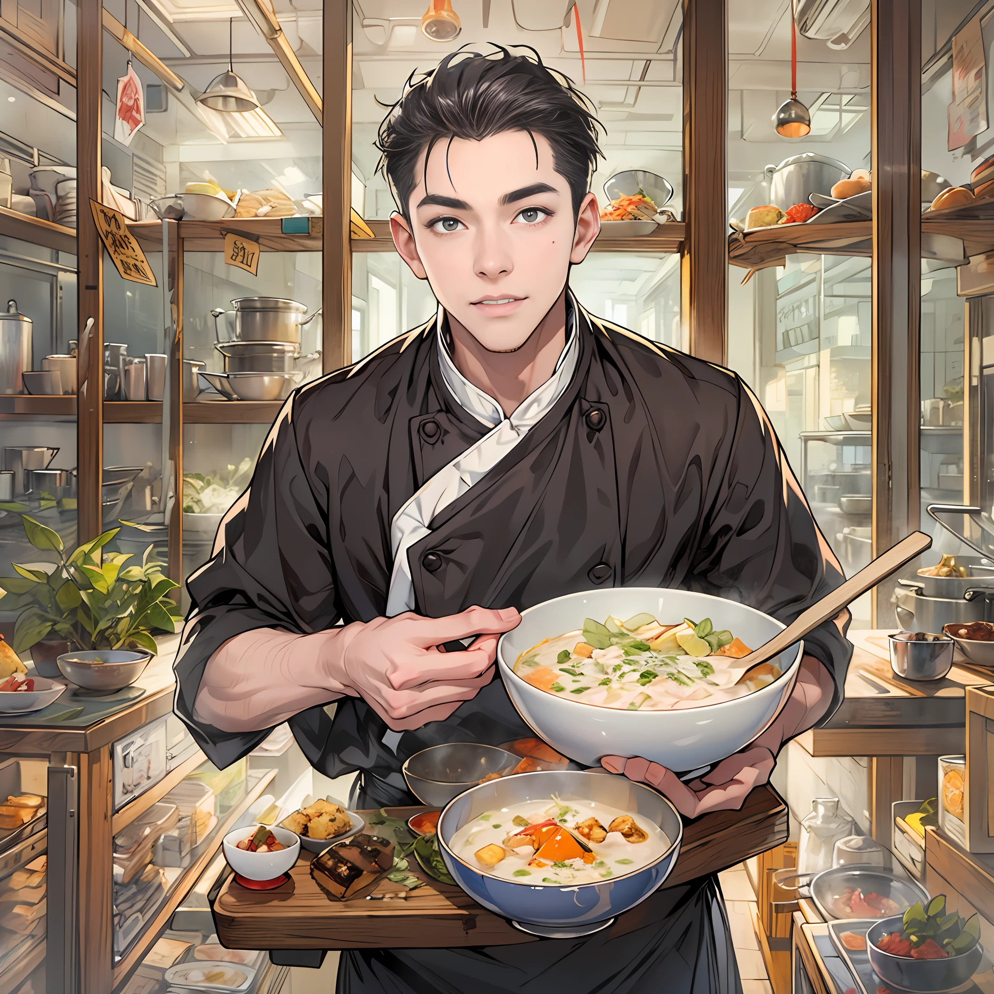 A young and handsome male chef is holding a bowl of savory tofu pudding, with a bill worth 666 yuan in front of him. The tofu pudding is fresh, tender, and enticing, with smooth white tofu and richly flavored ingredients that are visually appealing and delicious.,in the style of the stars art group xing xing, 32k, best quality, masterpiece, super detail, high details