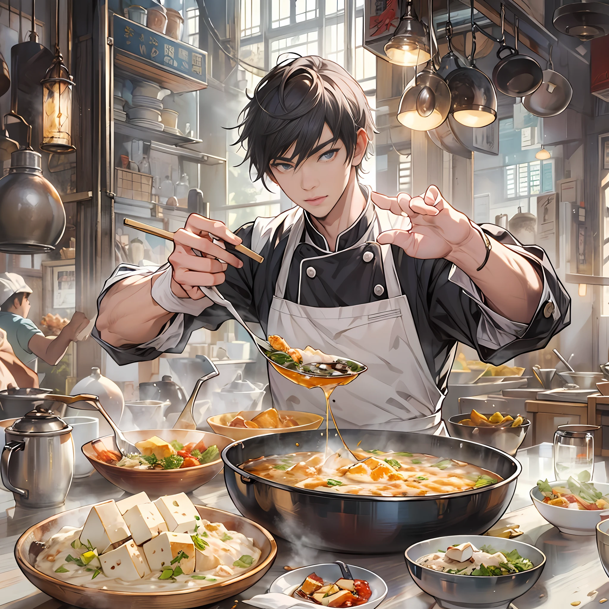 A young and handsome male chef is holding a bowl of savory tofu pudding, with a bill worth 666 yuan in front of him. The tofu pudding is fresh, tender, and enticing, with smooth white tofu and richly flavored ingredients that are visually appealing and delicious.,in the style of the stars art group xing xing, 32k, best quality, masterpiece, super detail, high details