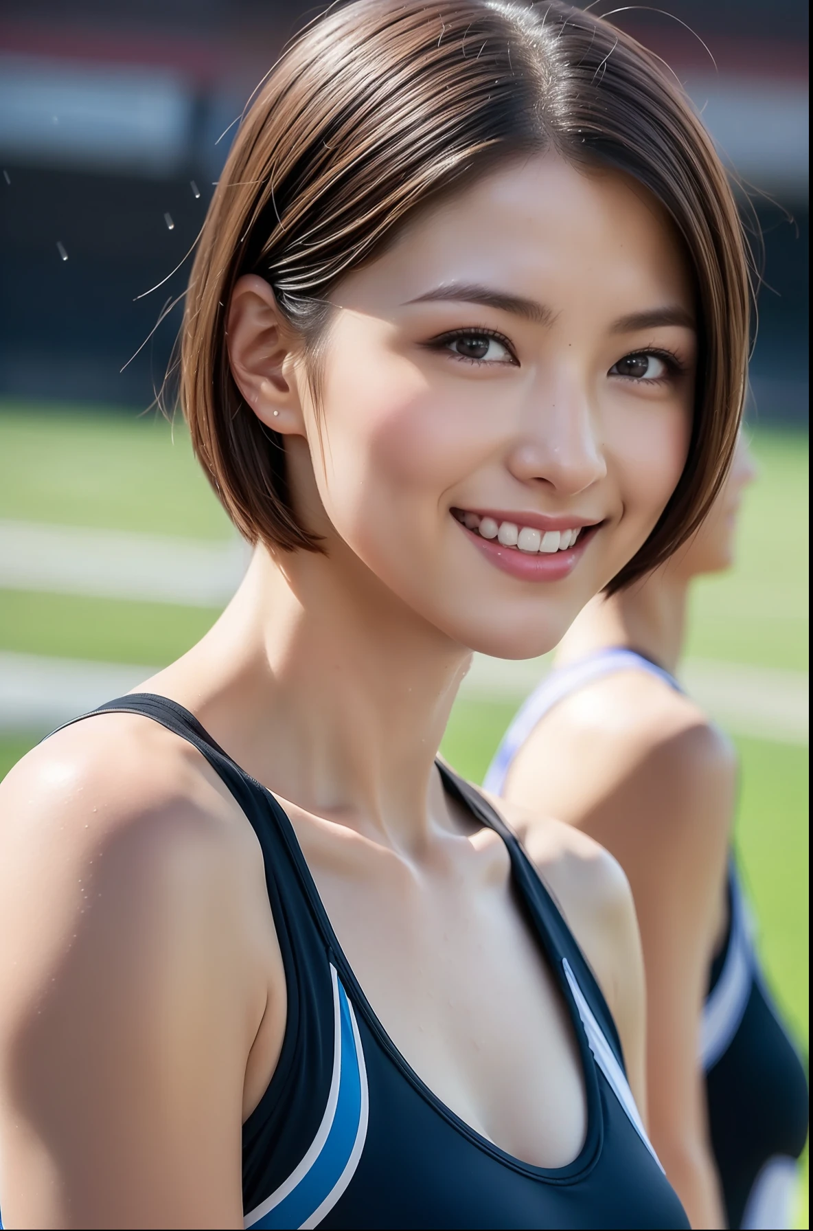 (((full bodyesbian)))、((Track & Field Athletes Women))、((Short-cut hairstyles))、1 Beautiful Girl、Wet uniform、Heavy rain、(((1人)))、Competition uniforms、((stadium))、Transcendent cute、A slight smil、Beautiful breasts、full bodyesbian、hairarmpits、athletic field、((Outstanding style))、((Healthy body))、 、Women in Japan、Photorealsitic、Beautiful detailed eyes、Hyper-Realism、highcontrast、Ultra HD、realistic skin textures、Top image quality、top-quality、超A high resolution、Fine details、Very meticulously