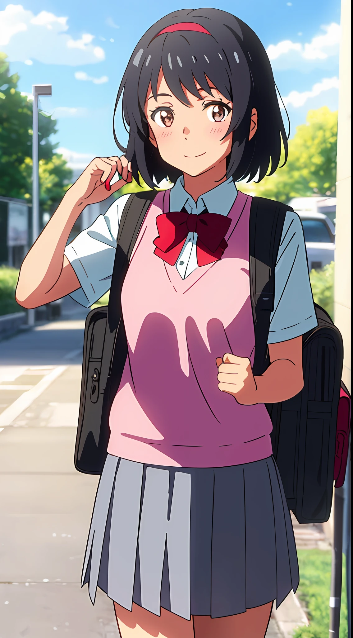 shinkai makoto, kimi no na wa., 1girl, bangs, black hair, blush, brown eyes, sky, cloud, collared shirt, looking at the viewer, outdoors, red headband, red ribbon, red bow, school uniform, short hair, smile, solo, white shirt, pink sweater vest, pink vest, grey skirt, short sleeves, school backpack