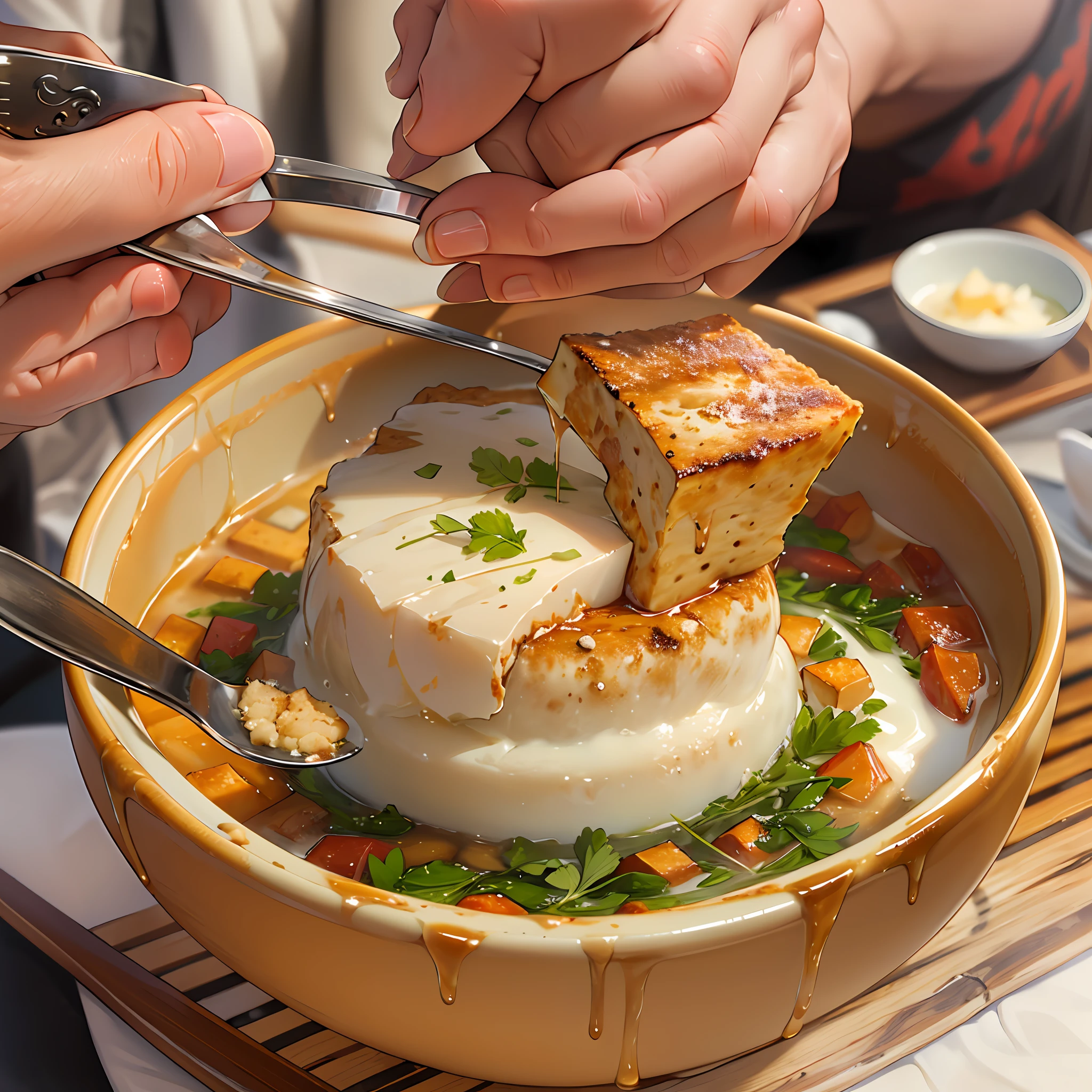 A person holding a bowl of expensive braised tofu pudding, with a bill worth 666 yuan in front of him, the braised tofu pudding is tender and tempting, the tofu is white and delicate, and the ingredients are rich, , 32k, best quality, masterpiece, super detail, high details,