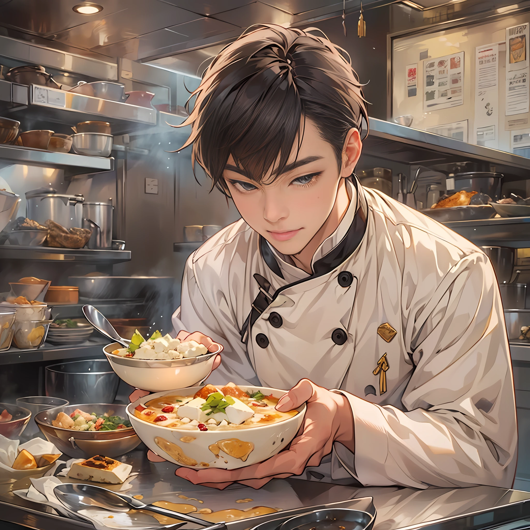 A young and handsome male chef is holding a bowl of savory tofu pudding, with a bill worth 666 yuan in front of him. The tofu pudding is fresh, tender, and enticing, with smooth white tofu and richly flavored ingredients that are visually appealing and delicious.,in the style of the stars art group xing xing, 32k, best quality, masterpiece, super detail, high details