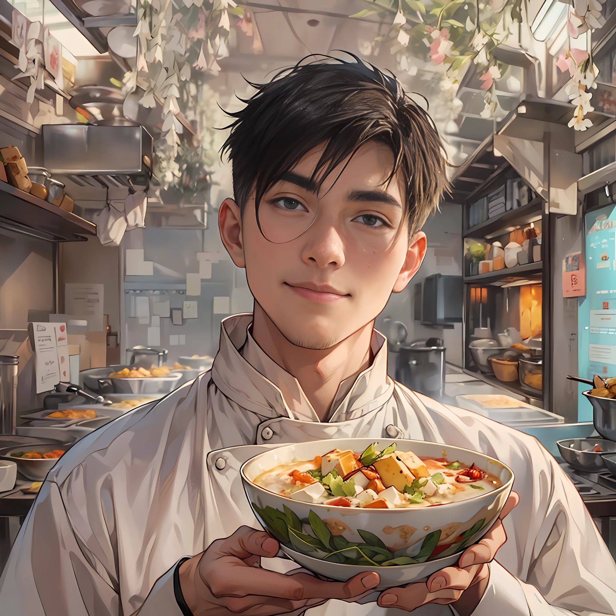 A young and handsome male chef is holding a bowl of savory tofu pudding, with a bill worth 666 yuan in front of him. The tofu pudding is fresh, tender, and enticing, with smooth white tofu and richly flavored ingredients that are visually appealing and delicious.,in the style of the stars art group xing xing, 32k, best quality, masterpiece, super detail, high details