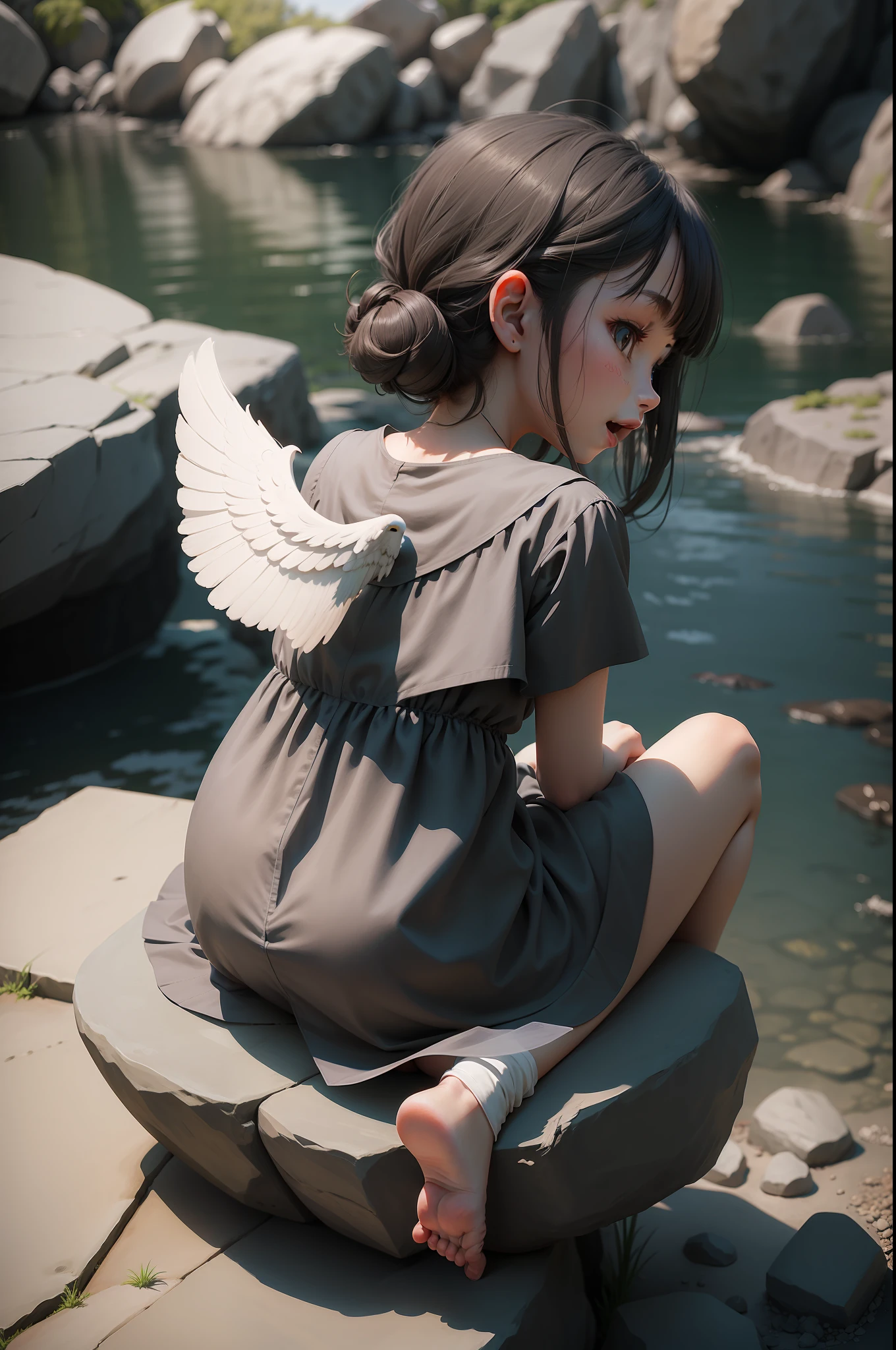 Back shadow,Little girl with half white wings on her back,Little girl in gray linen,Bad laughs,The little girl sat on a large rock,2 d anime style