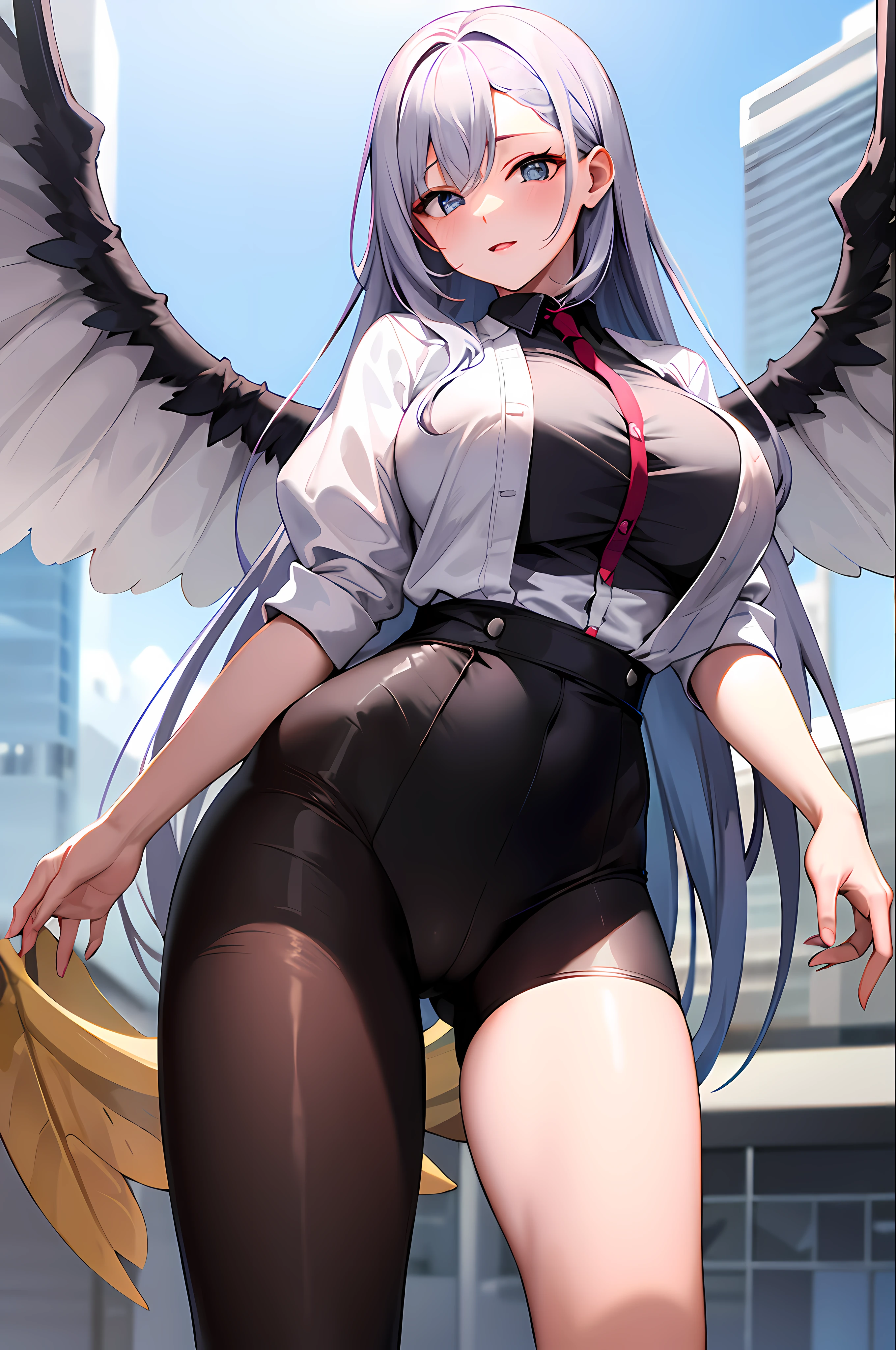 Menina anime com cabelo preto e asas em uma camisa branca, Oppai, menina anime sedutora, Asas angelicais nas costas, anjo super largo, massive wings, huge wings growing out of arms, Ecchi, asas enormes, com seios grandes, Seios cobertos e SFW, estilo anime Ecchi, anjo largo, asas grandes, com seios grandes