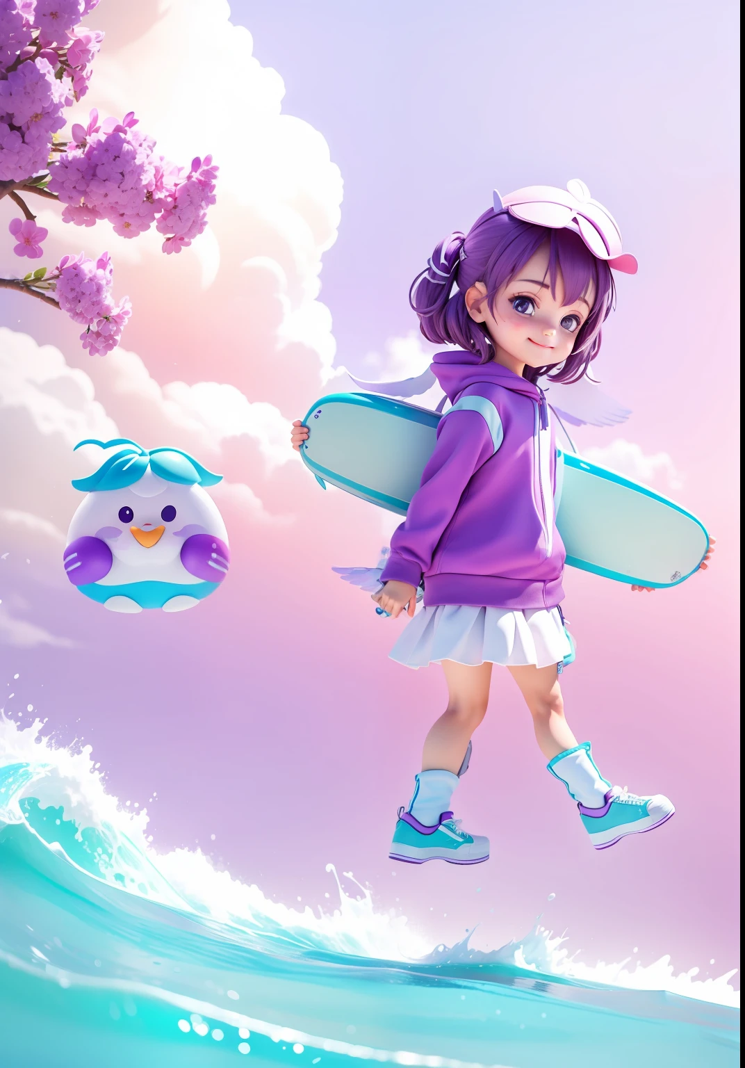 Lovely and fresh,Dynamic,Cool colors,On the head are lilacs,Cool purple,light blues,Girl holding surfboard,Sporty,Cute little bird,The girl was laughing,Wearing sneakers,track suit,Sporty skirts