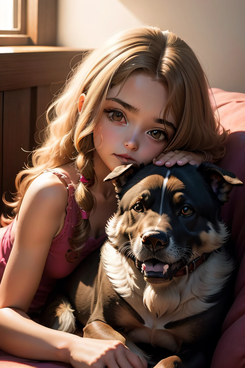 menina de 10 anos de cor branca, magra, cabelo enrolado com seu cachorrinho