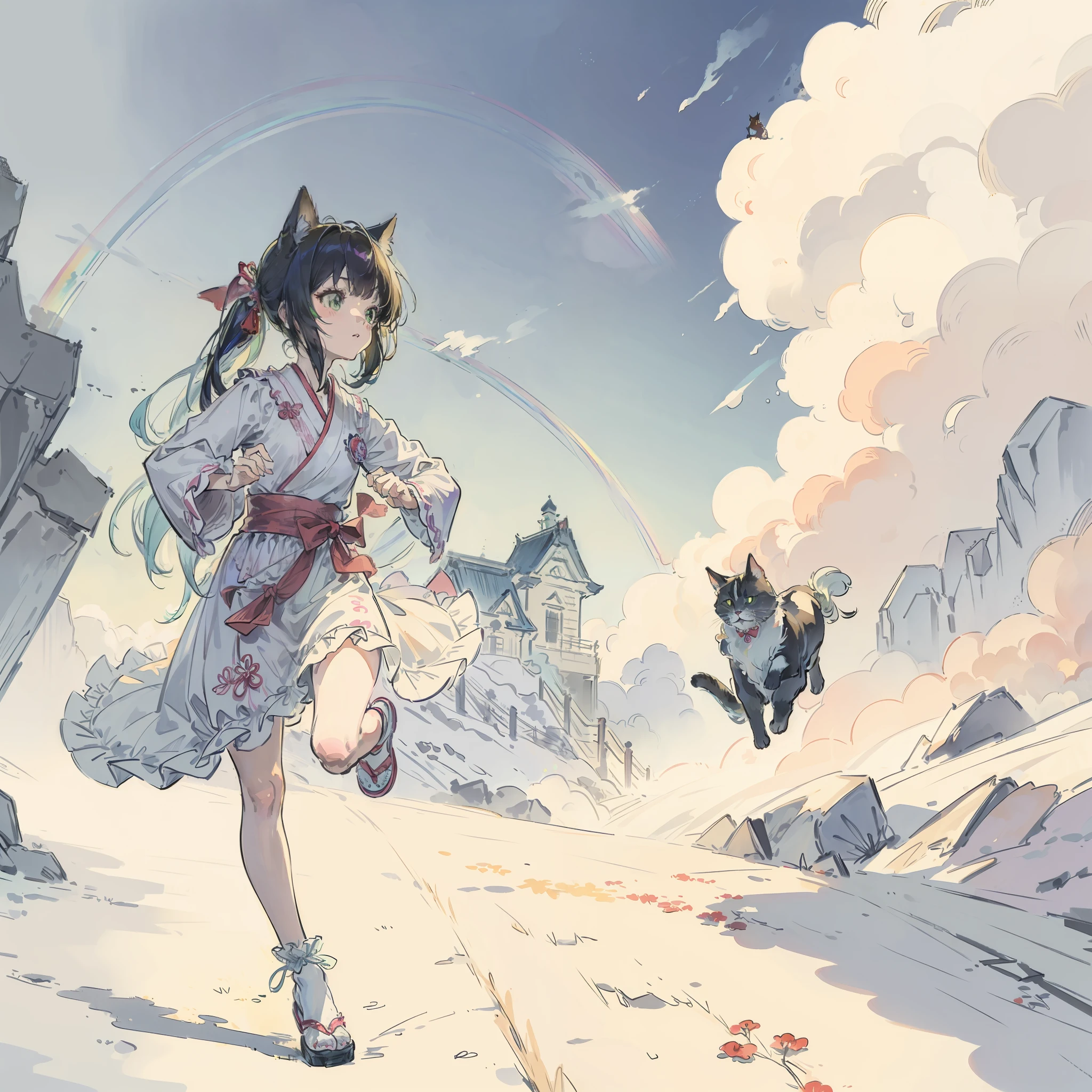(Best quality1.2、masutepiece)、Pretty girl running、Yumekawa、A stunning、Cute cat(Run with me 1.2)、kawaii、(rainbow-colored hair)、frilly dress