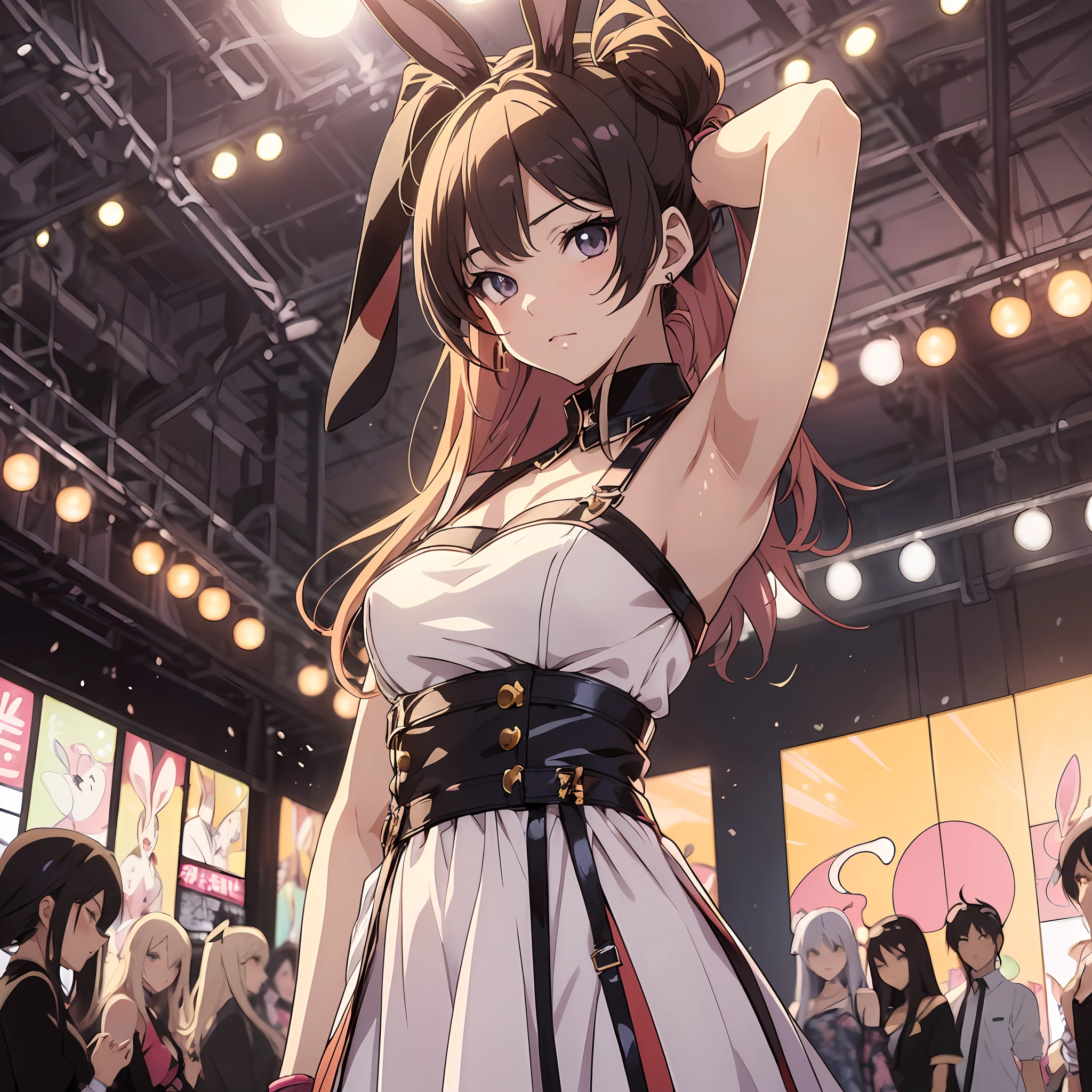(((Anime style.1.4)))Rabbit-eared girl (fashionshow.1.5)(fashion modell:1.6)(Inside the venue)((spot light:1.2))
