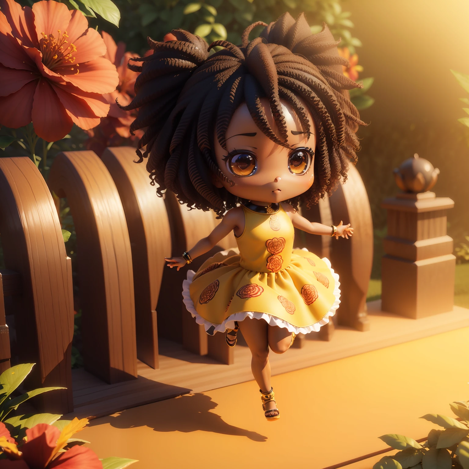 (((Chibi 3D))),Very cute and beautiful chibi anime/African black skin,Black color in afro hairstyles,Face angle,Bright orange and yellow dress,Hibiscus garden,Scene of jumping high。