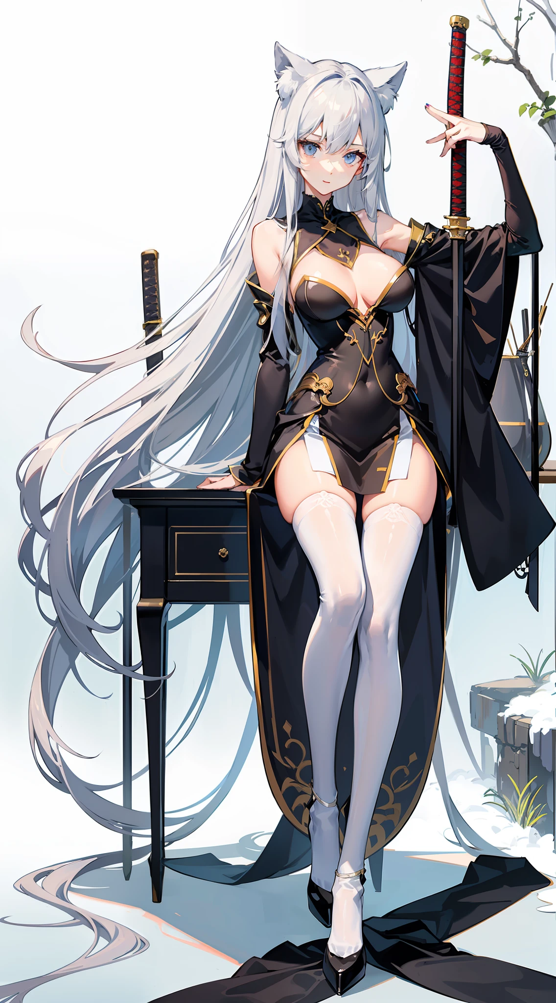 Graceful legs、long thin legs、thighhighs and skirt、long legged、Very beautiful slim legs、Very beautiful long slim legs、Sitting on a desk、nice leg、good hips and long legs、Beautiful legs、cleavage of the breast、Colossal tits、 kindly smile、Girl with a Japan sword、Silvery hair、having katana