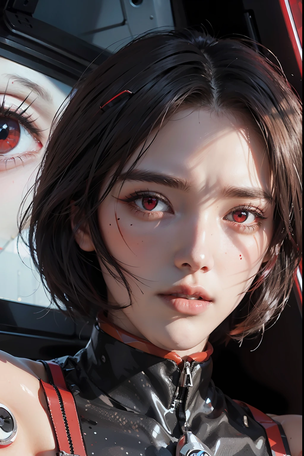 extremely beautiful eyes,  extremely beautiful face, (red eyes:1.5), rei, evangelion neon, robot, bloody