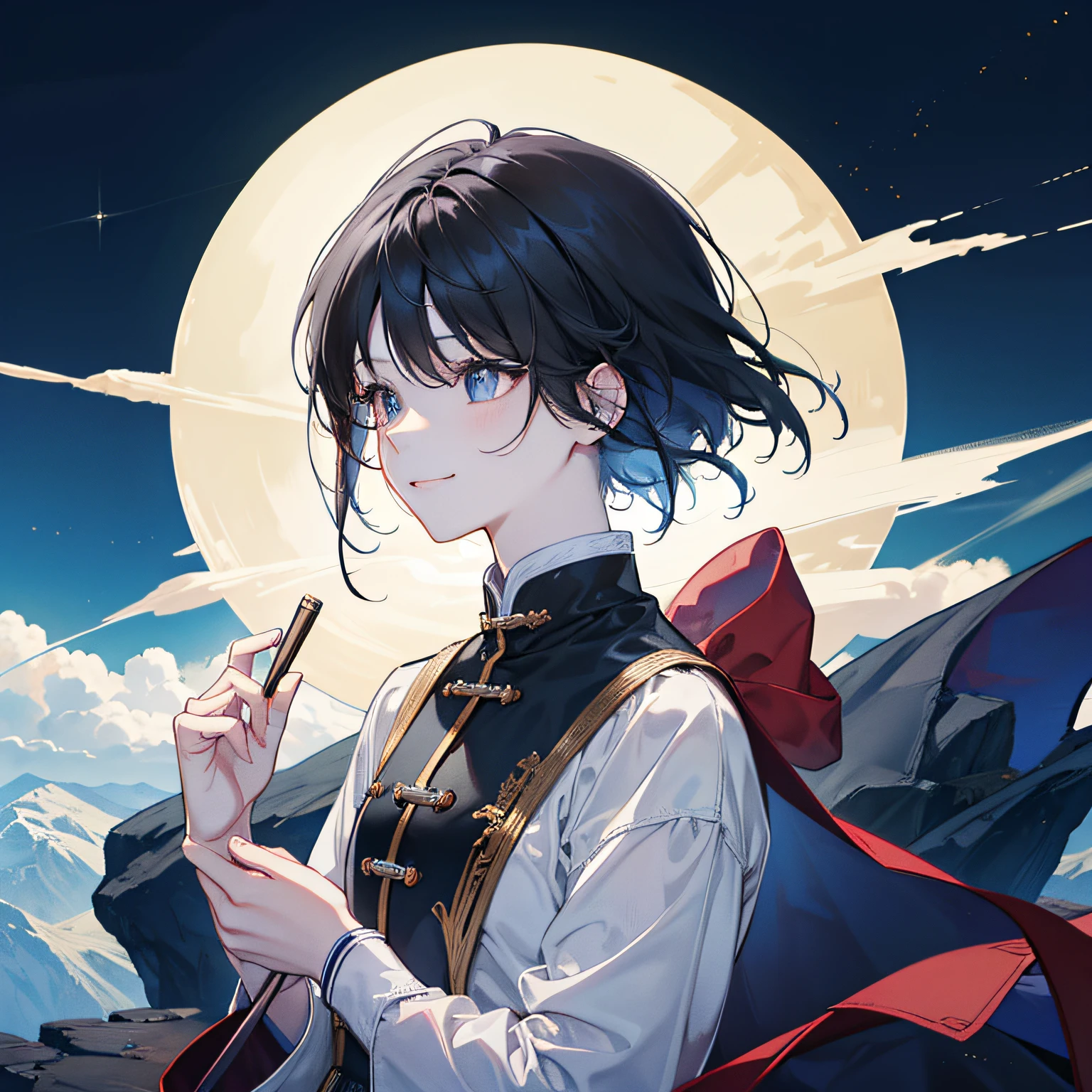 in 8K、top-quality、masterpiece:1.2)、1人の女性、(Smiling smile:1.1)、beautidful eyes、Valley、The upper part of the body、shorth hair、Like a boy 、Quirk hair