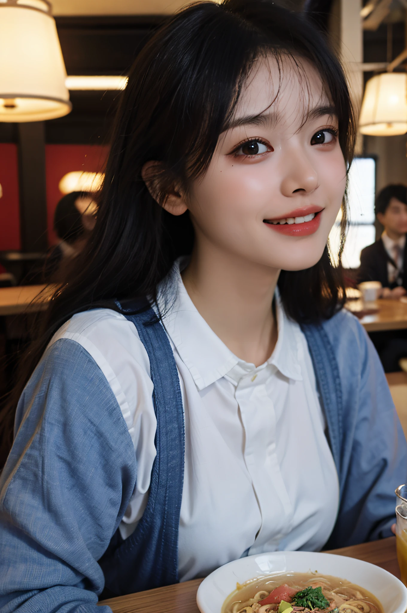 (masterpiece), best quality, ultra high res, close up, slim body, 1girl,school uniform, long hair, laughing, ramen, night, Tokyo restaurant background, colorful lights, photon mapping, radiosity, physically-based rendering, cinematic lighting, intricate, High Detail, Sharp focus, dramatic, photorealistic