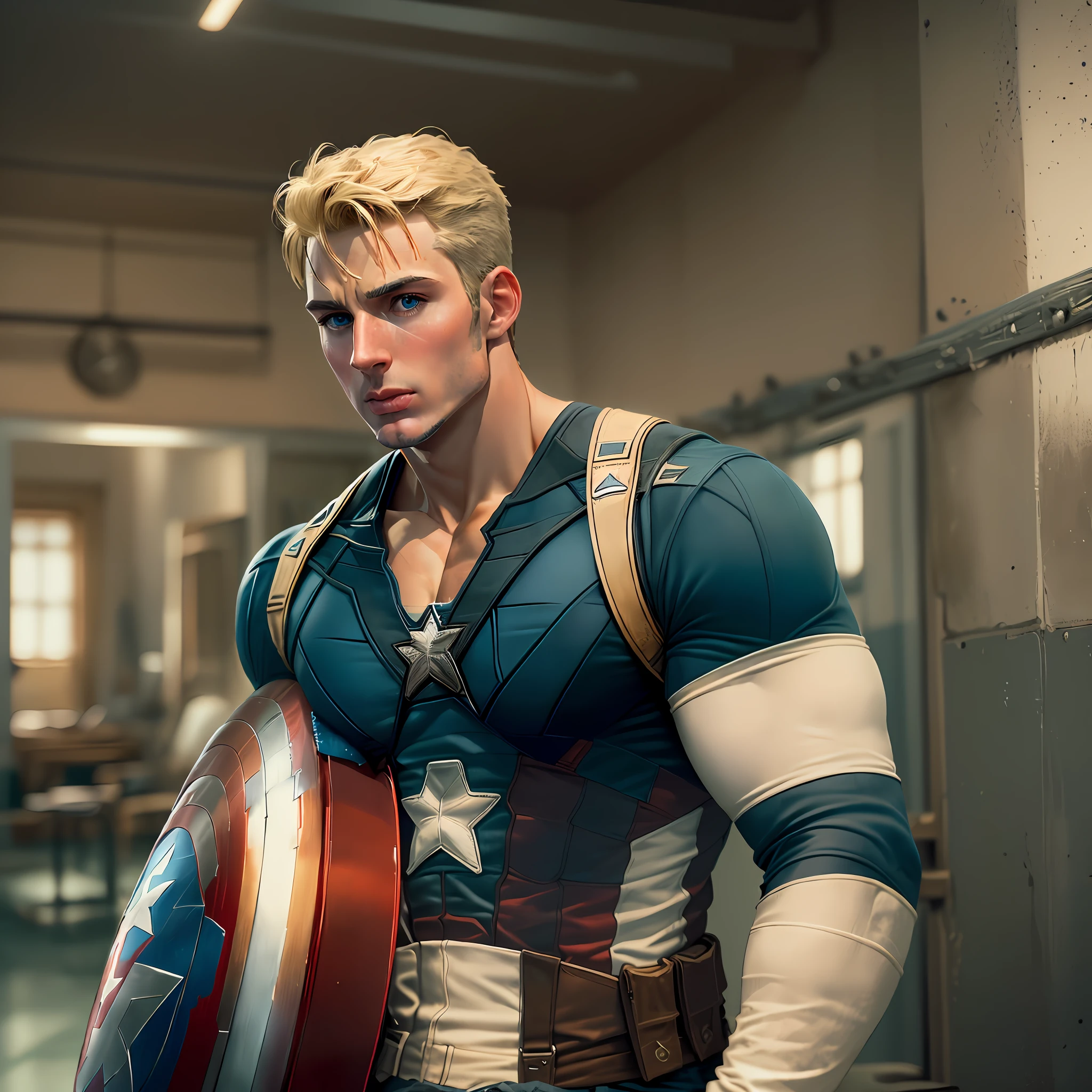 high quality, 1man, (((handsome blonde american Ken as Captain America dilf))), (((blue eyes))) (((in Avenger's training room))) (((no facial hair)))