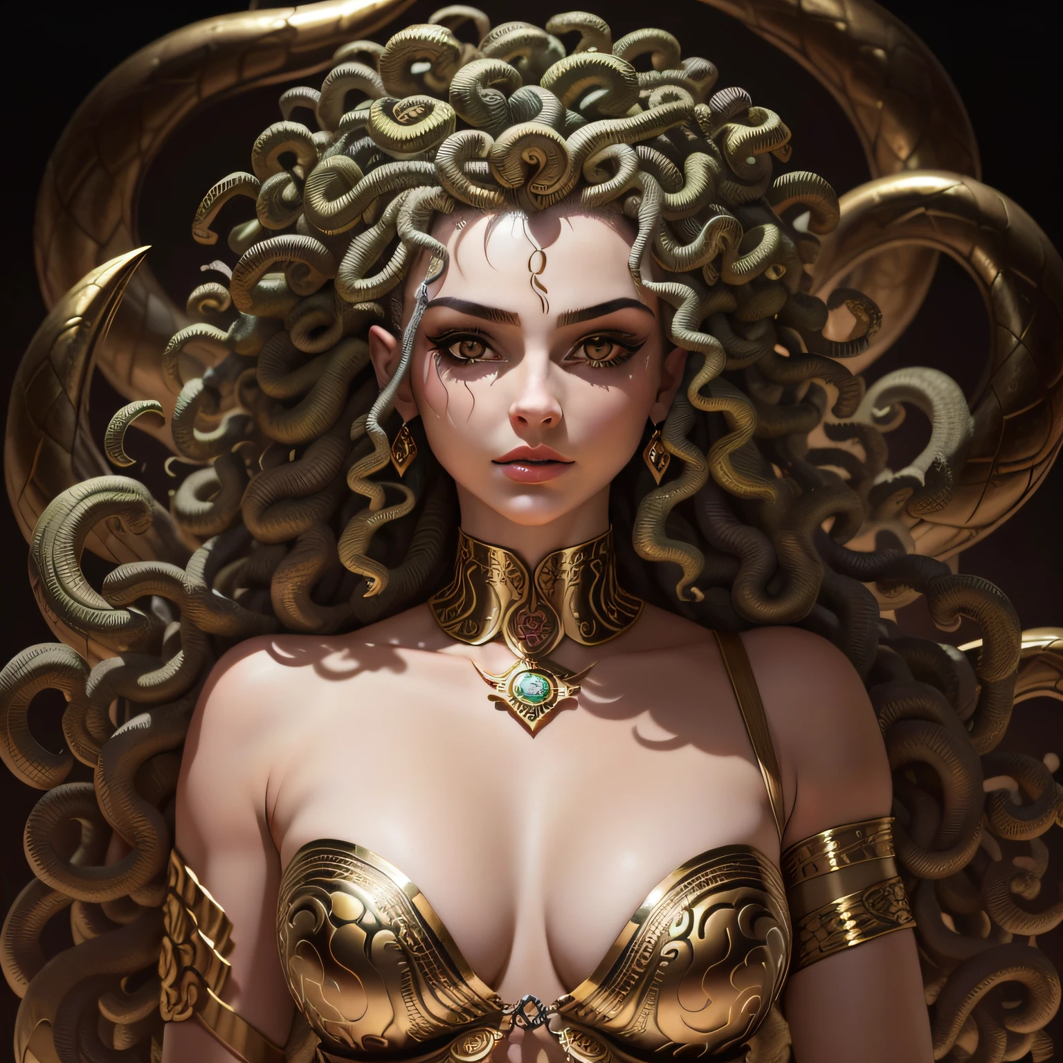 (wistful+MEDUSA+mythological+escuro), belo e assustador, The last look that turns people to stone, um ser parecido com uma mulher com (cabelo FORMADO POR VARIAS COBRAS) e escamas cintilantes.