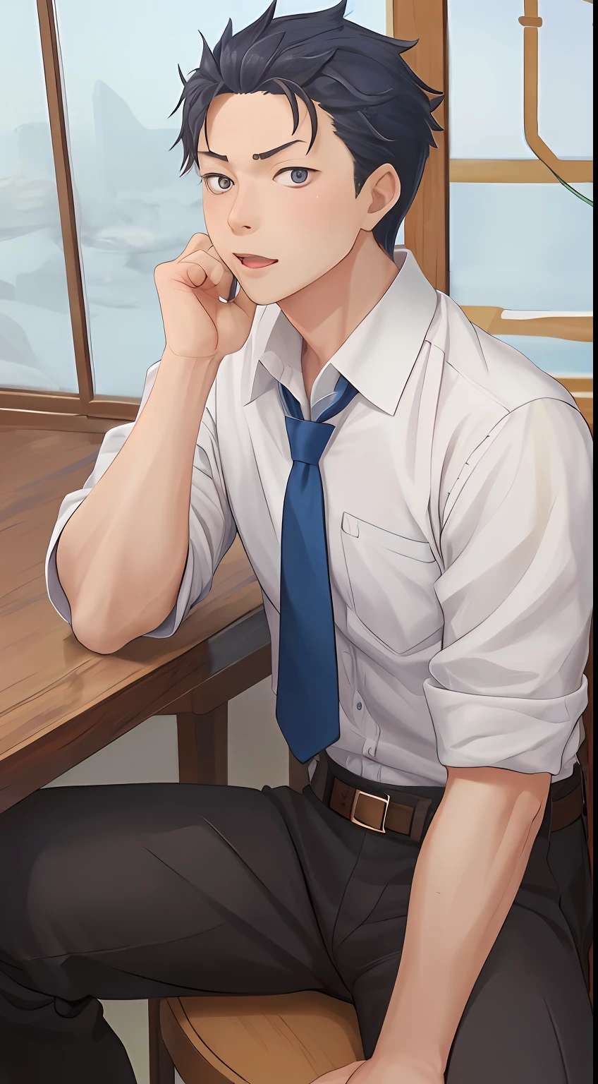 (1 Adult male),A high resolution, Sharp focus, Pixiv masterpiece, ((Complicated details)), highly detailed, natsuki_subaru, 1 man, with her mouth open,full bodyesbian,sit astride, blue colored eyes(eyes glowing), blue short hair,white shirt,Wear a tie,Wear a belt,perspire,look from down