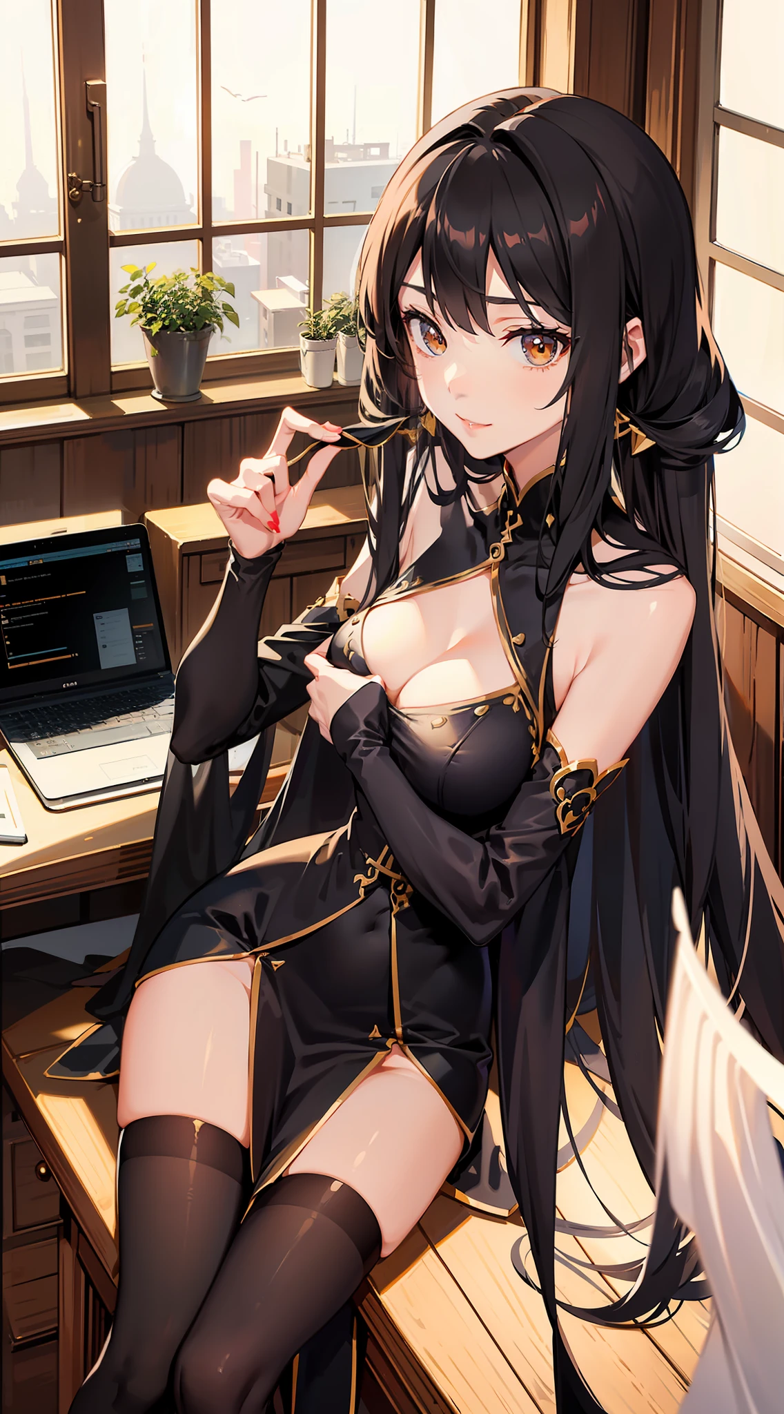 Graceful legs、long thin legs、thighhighs and skirt、long legged、Very beautiful slim legs、Very beautiful long slim legs、Sitting on a desk、nice leg、good hips and long legs、Beautiful legs、cleavage of the breast、Colossal tits、 kindly smile、cafe terrace、fashionable cafe