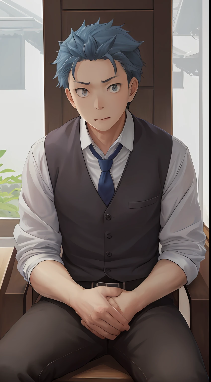 （1 Adult male），A high resolution， Sharp focus， Pixiv masterpiece， （（Complicated details））， highly  detailed， natsuki_subaru， 1 man， with her mouth open，full bodyesbian，sit astride， blue colored eyes（eyes glowing）， blue short hair，white  shirt，Wear a tie，Wear a belt，perspire，look from down