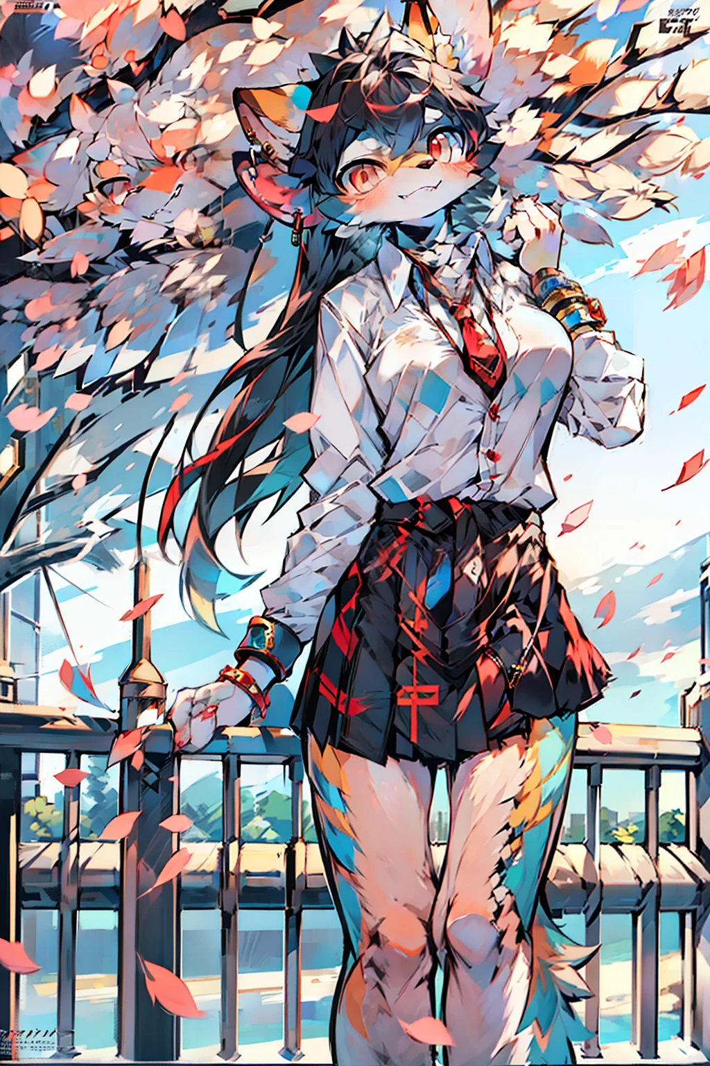masterpiece, best quality, full body, 1girl, bangs, black choker, black necktie, black hair, blue skirt, blush, bracelet, breasts, choker, clothes around waist, collarbone, collared shirt, cowboy shot, dress shirt, ear piercing, eyebrows visible through hair, gradient hair, grin, gyaru, jewelry, kogal, long hair, looking at viewer, loose necktie, necktie, piercing, plaid, plaid skirt, pleated skirt, red eyes, ring, school uniform, shirt, skirt, smile, solo, white shirt, street, sky, cherry blossoms, petals,illustration, (magazine:1.3), (cover-style:1.3), fashionable, woman, vibrant, outfit, posing, front, colorful, dynamic, background, elements, confident, expression, holding, statement, accessory, majestic, coiled, around, touch, scene, text, cover, bold, attention-grabbing, title, stylish, font, catchy, headline, larger, striking, modern, trendy, focus, fashion,