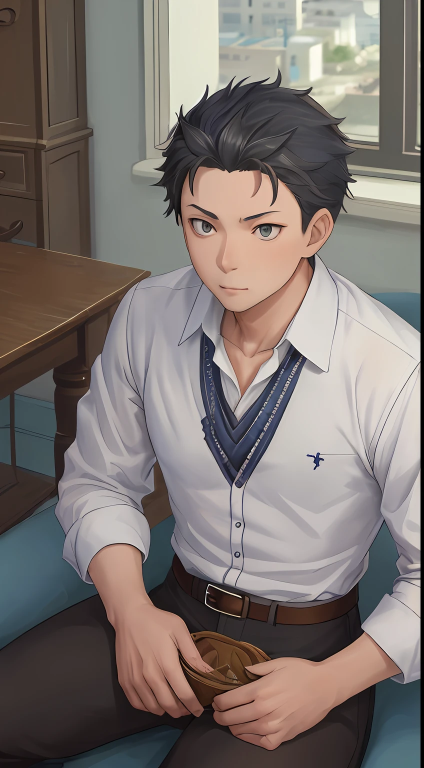 (1 Adult male),A high resolution, Sharp focus, Pixiv masterpiece, ((Complicated details)), highly detailed, natsuki_subaru, 1 man, with her mouth open,full bodyesbian,sit astride, blue colored eyes(eyes glowing), blue short hair,white shirt,Wear a tie,Wear a belt,perspire,look from down
