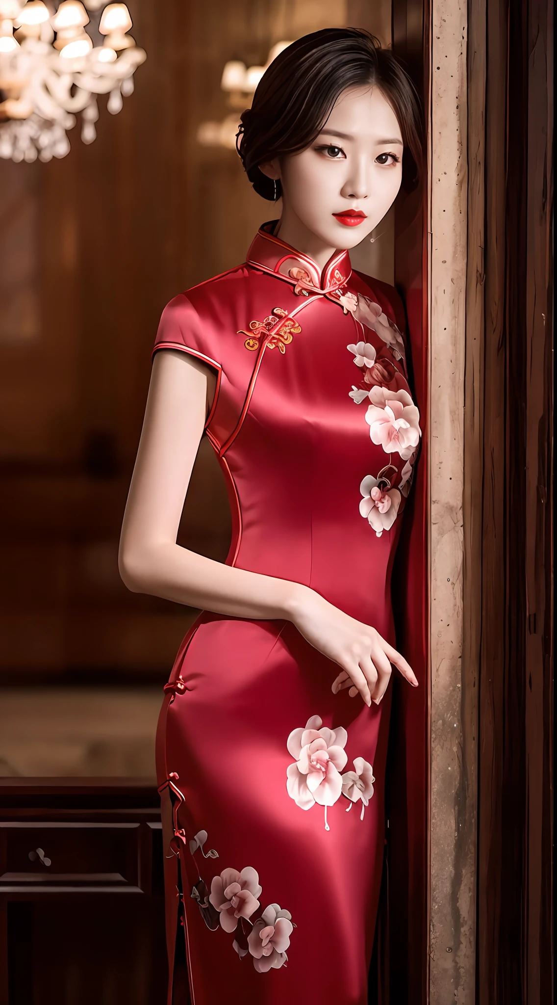 "Beautiful and lonely cheongsam beauty，She wears lipstick，Dark lights filled the surroundings，Atmosphere at night，Full of retro atmosphere，She missed her lover，Deeply enveloped in sadness，The picture is HD，A masterpiece。"