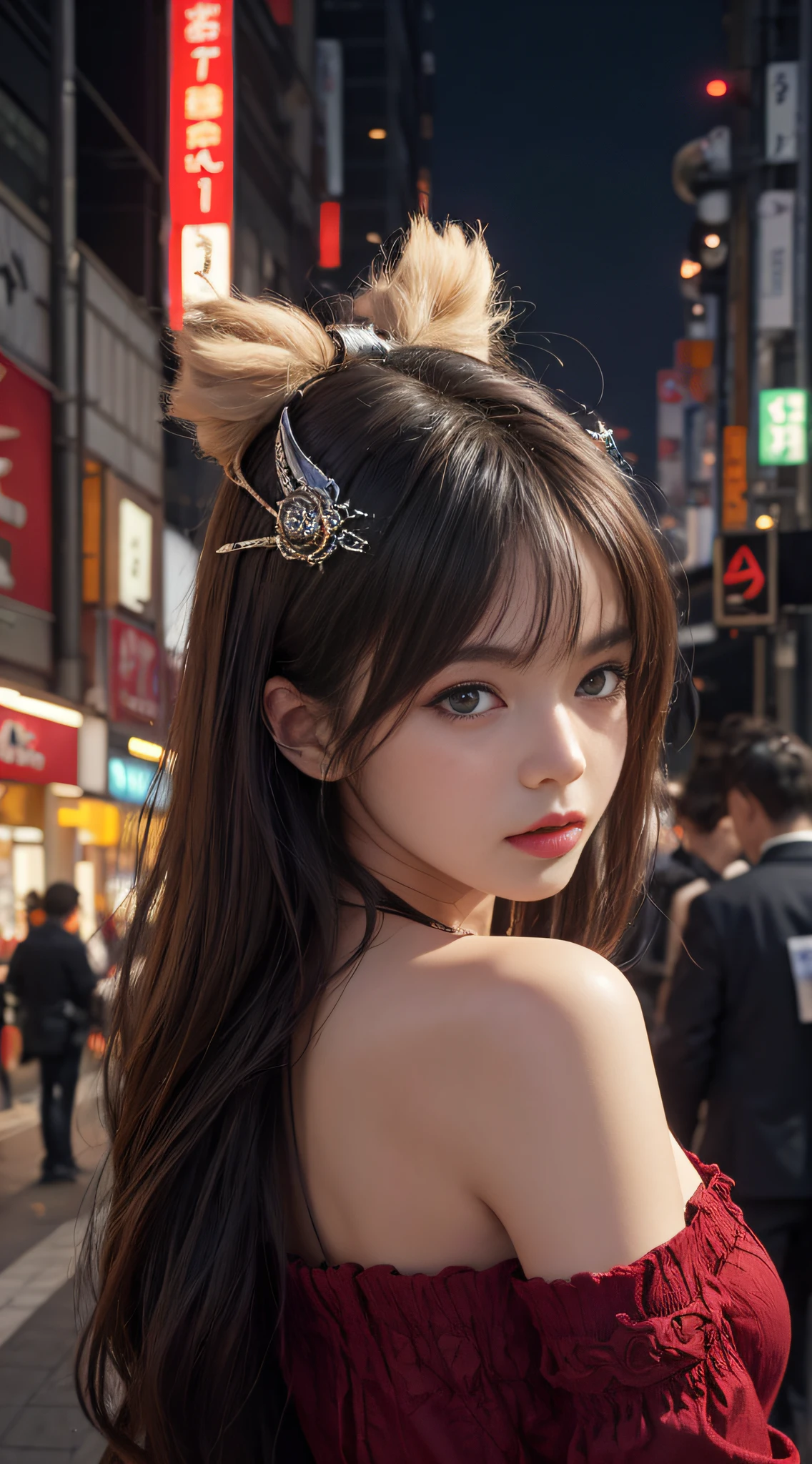 1girl, Tokyo street,night, cityscape,city lights, upper body,close-up, 8k, RAW photo, best quality, masterpiece,realistic, photo-realistic,headgear of red rose, parted bangs, long hair,
