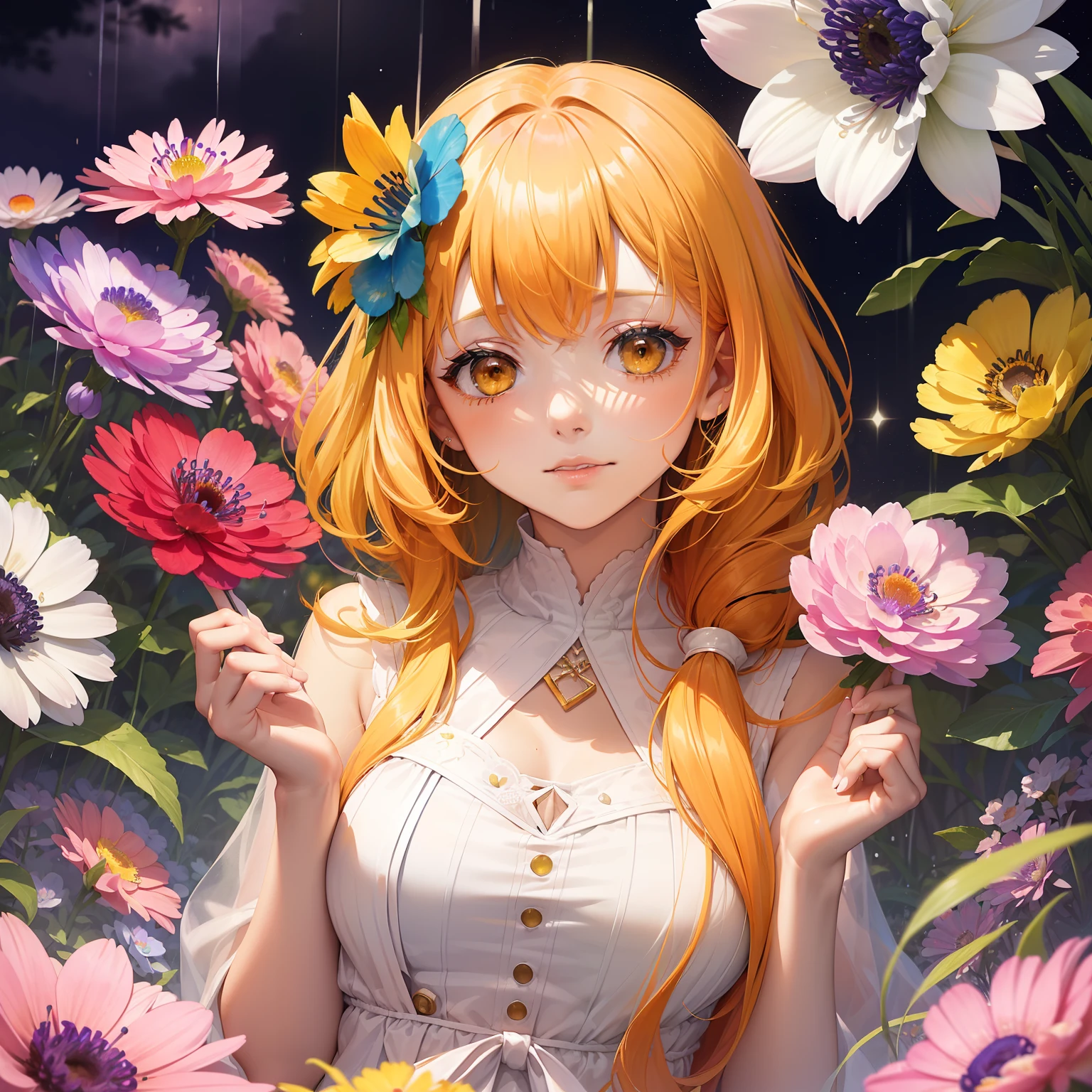 watercolor paiting(Beautifully Aesthetic:1.2)、(1girl in:1.3)、(colourful hair、Half orange and half yellow hair:1.2)、Eau、liquids、natta、colourfull、Orange and yellow anemone flowers bloom、Anemone blooming on the hair、natta、beautiful night、starrysky、rain is falling、Sateen、Fantastic night、Have anemone flowers