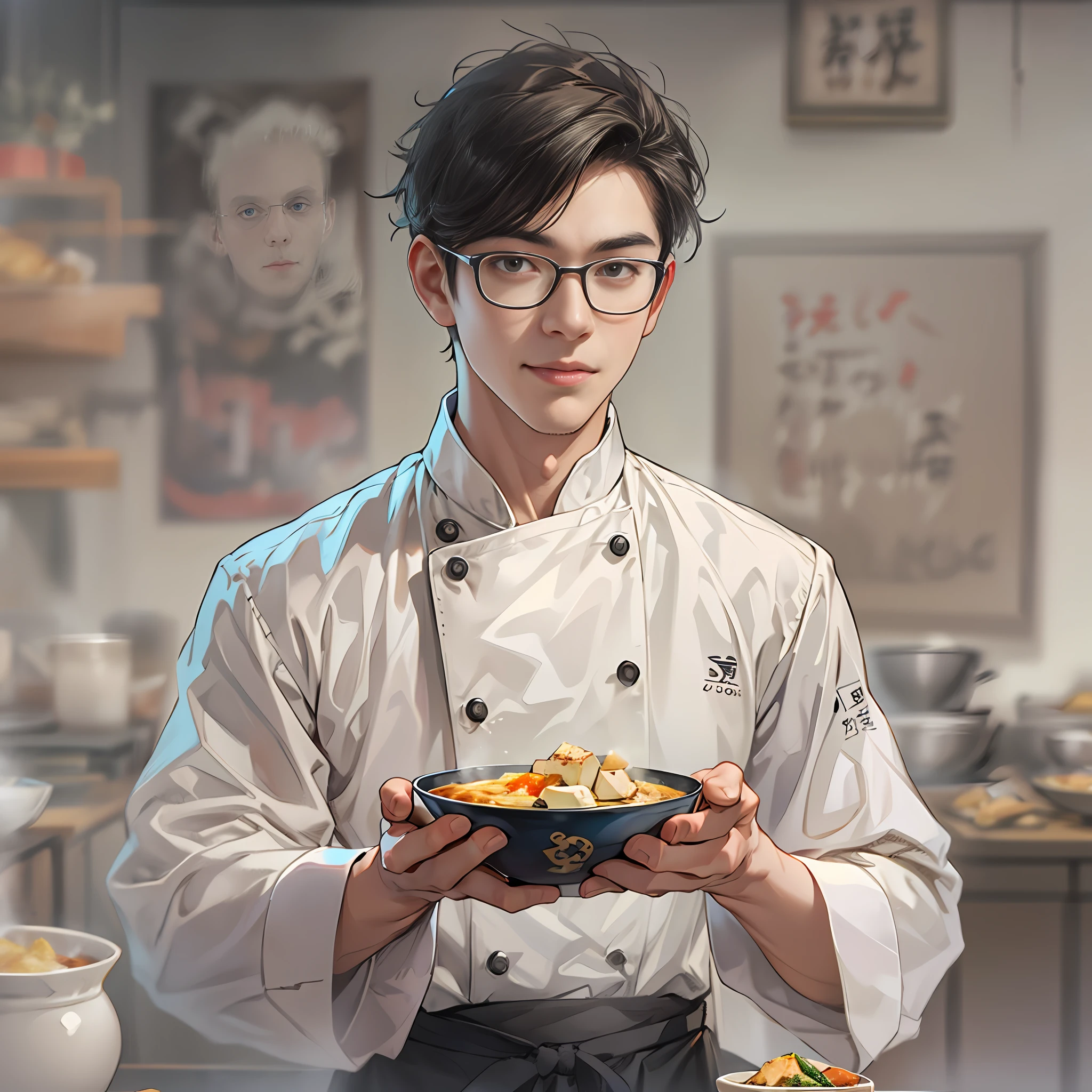 A young and handsome male chef is holding a bowl of savory tofu pudding, with a bill worth 666 yuan in front of him. The tofu pudding is fresh, tender, and enticing, with smooth white tofu and richly flavored ingredients that are visually appealing and delicious.,in the style of the stars art group xing xing, 32k, best quality, masterpiece, super detail, high details