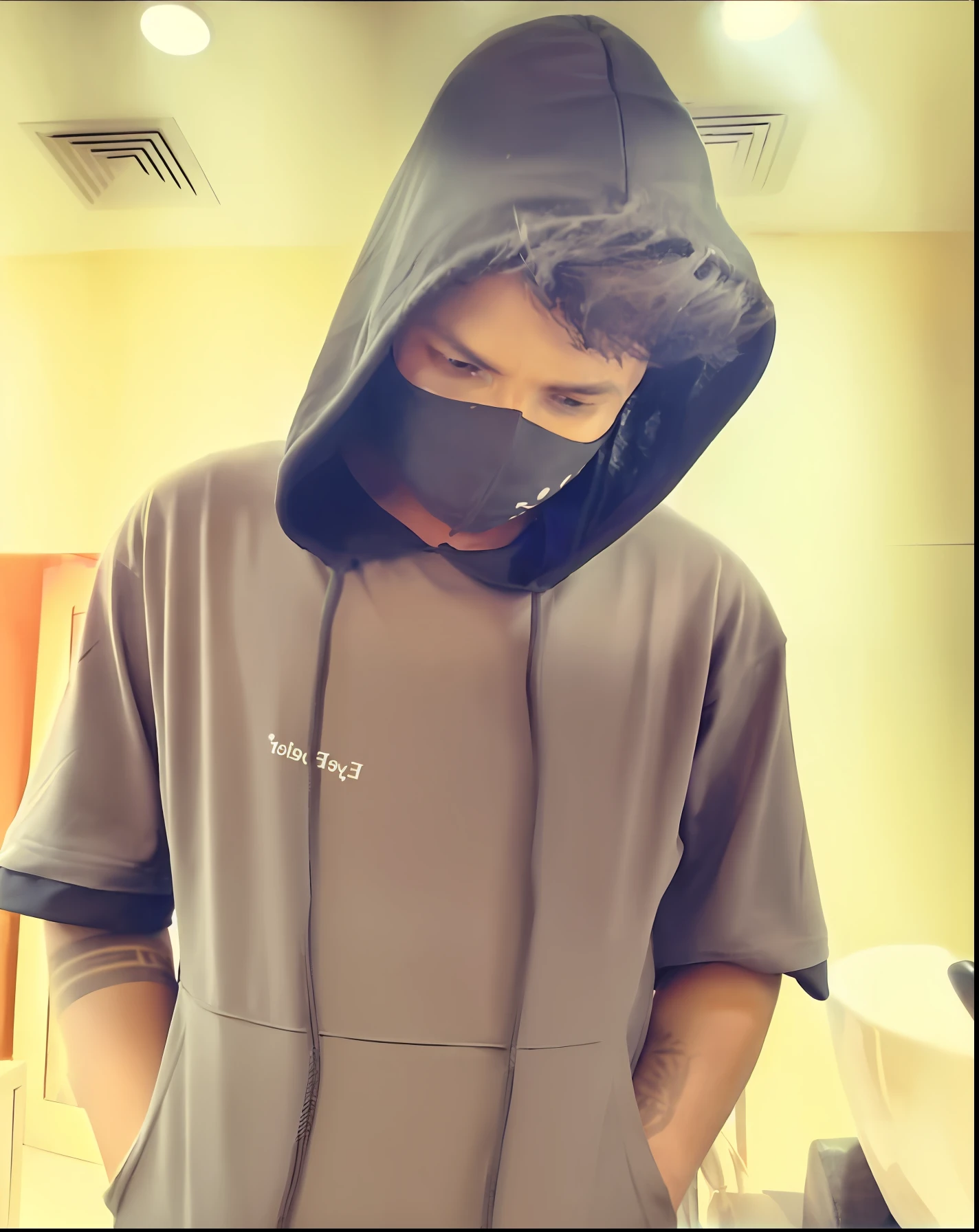 arafed man in a hoodie and a face mask standing in a bathroom, wearing hood, wearing hoodie, wearing space techwear, wearing all black mempo mask, wearing a dark hood, wearing a hoody, in a hoodie, wearing demobaza fashion, wearing a hood, wearing sith hood, wearing a hoodie, wearing sci - fi cloak with hood