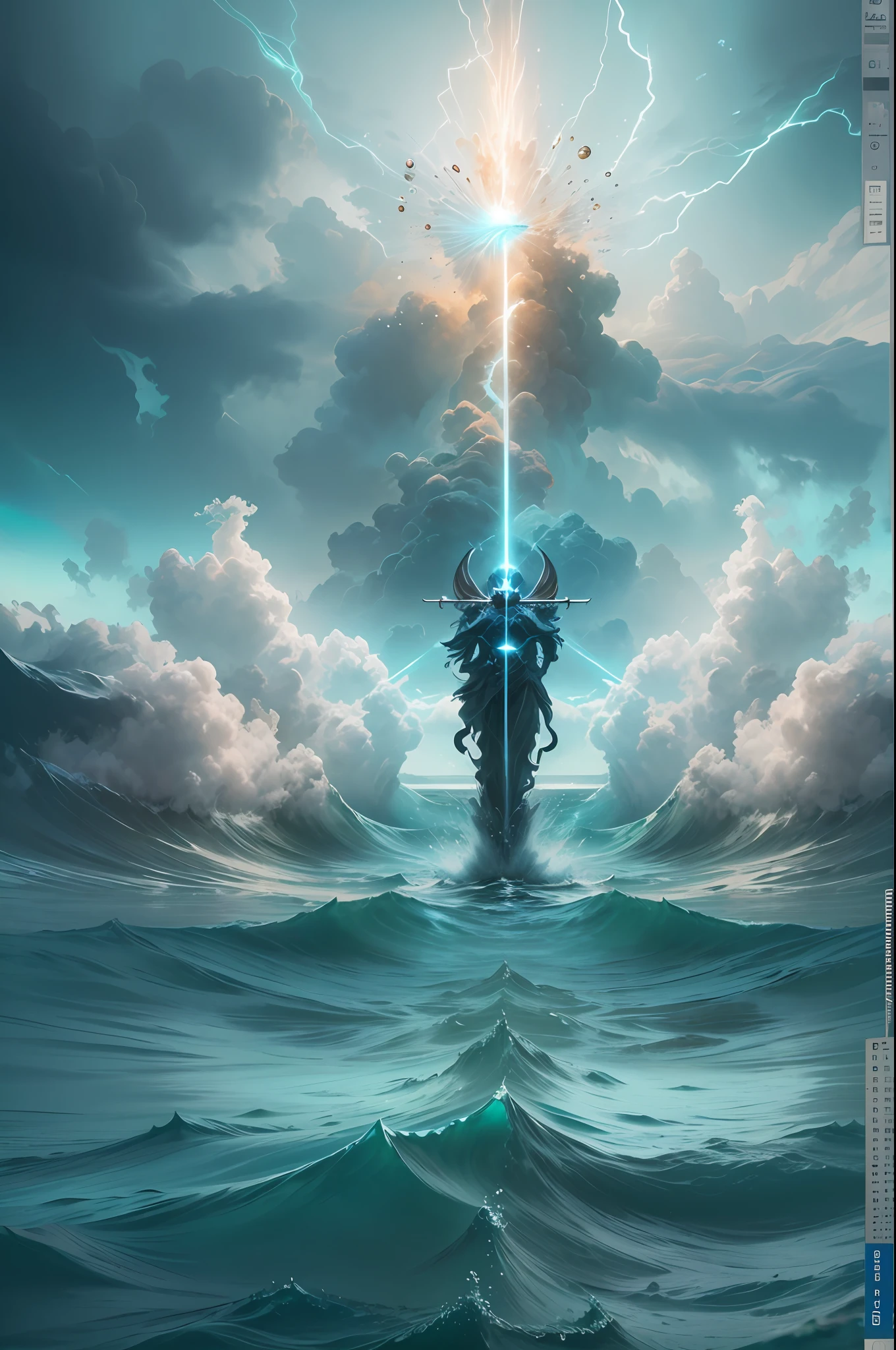 Double exposure of an otherworldly seascape, merging with the image of Neptune's trident piercing the surface of the water, creating a dramatic burst of energy and waves, with the god's regal figure towering in the background, evoking a sense of power and control over the ocean's forces, Illustration, digital art, --ar 16:9 --v 5 --auto --s2