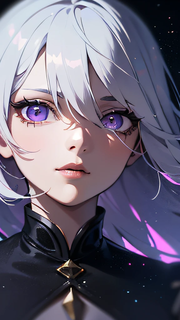 (masterpiece, best quality, ultra-detailed, best shadow), (detailed background,dark fantasy), (beautiful detailed face), high contrast, (best illumination, an extremely delicate and beautiful), ((cinematic light)), colorful, hyper detail, dramatic light, intricate details, (1girl, solo,white hair, sharp face,purple eyes, hair between eyes,dynamic angle), blood splatter, swirling black light around the character, depth of field,black light particles,(broken glass),magic circle,