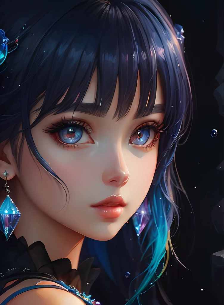 ((top-quality)), ((​masterpiece)), ((realisitic)), (detaileds),animesque、anime styled、 (1人の女性）Earrings only accessories、Close up portrait of woman with dark blue hair、Beautiful shining eyes, Like crystal clear glass、Tank Tops、Summer clothes、4K high-definition digital art、stunning digital illustration、Stunning 8K artwork、colorfull digital fantasy art、Colorful and bright、beautiful digital works of art、Colorful Digital Anime Art、Portrait of beautiful woman、8K HD Digital Wallpaper Art、 Gorgeous Digital Painting