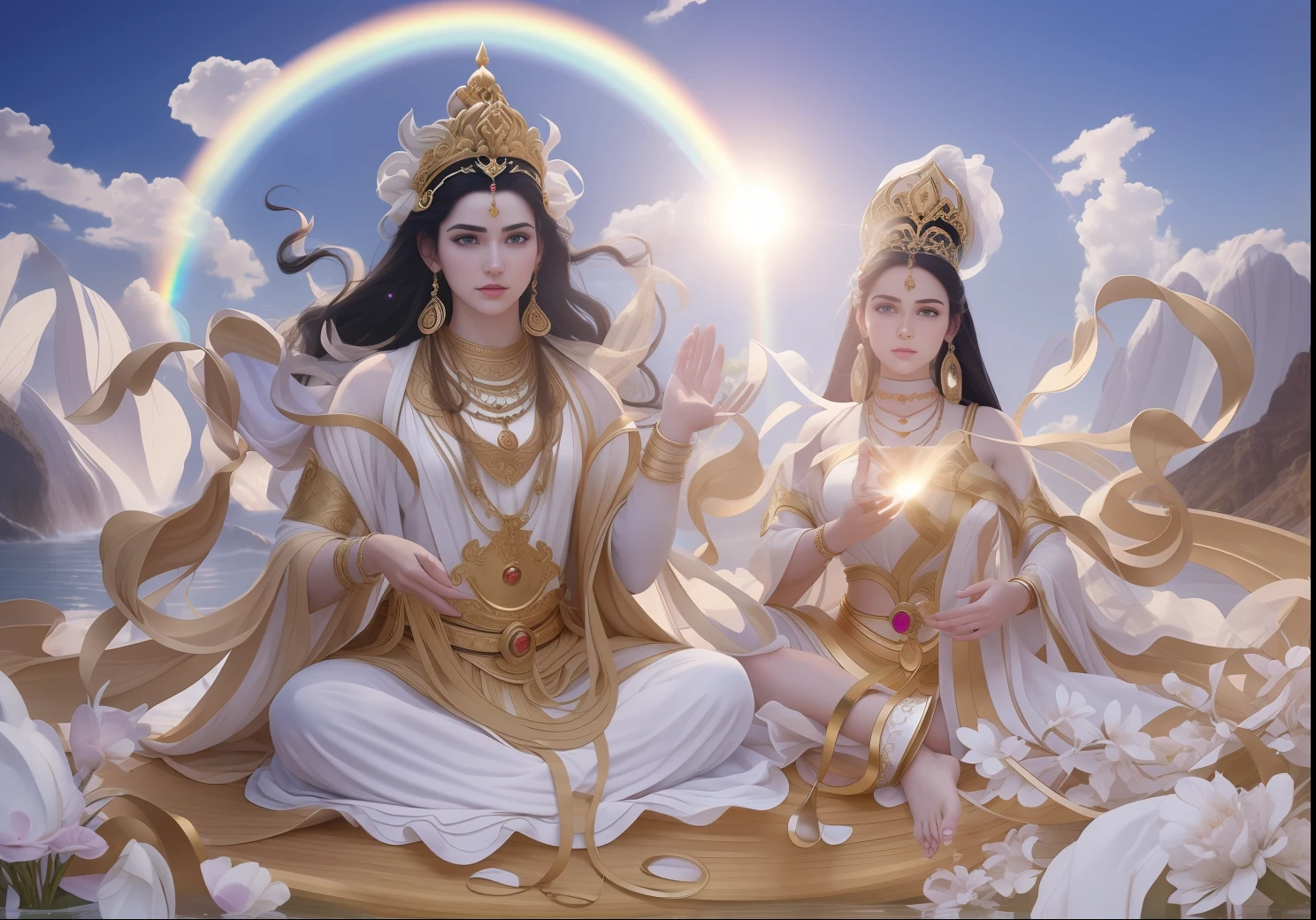 There are two people in the void，((((The man on the left)))，Long beard，Very handsome，large tall，Good looking，（Man image）,（((Male pectoral muscles)))，Handsome looks，Boys in white，Men's hands（Dervishes），（There are flowers in the bowl），Next to the man，(((There is a beautiful goddess)))，Young teenage girl，Goddess in white，Black hair，largeeyes，Bushy hair，long eyelasher，long eyebrow，Beautiful eyes sparkle，二重まぶた，Plump and rosy lips，Fair skin is delicate and smooth，Radiant skin，A delicate and ornate crown，inlaid gemstones，choker necklace，Yingluo，Fair and delicate skin，bangle，ankle bracelets，Sitting on a platform in the air，Hold the sphere with one hand，Spread the other hand out of the palm of your hand，white skinned，（（Correct body structure）），White tulle garment，baiyun，Blue sky，flowing clouds，fresh flowers，（nice hand），（Good feet），（good legs），realisticlying，white skinned，no-bra，Streamers，Blowing in the wind，Kim In-ro belt，Silk skirt floating，（（Correct body structure）），decorated in white，with blue sky and white clouds，Clean skies，Head background with round light，Behind the man is a faint rainbow circle，Behind the woman is a faint rainbow circle，Front lighting，No shadows on the face，Unreal space，ethereal world，dreamworld，tmasterpiece，4K，ultra-definition，professional photoshooting，