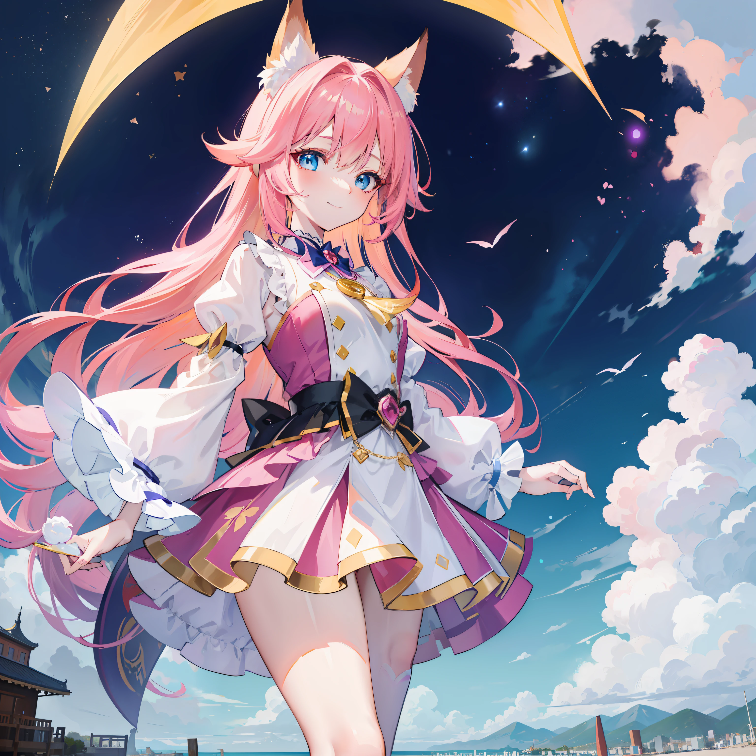 A cute fox demon magical girl flutters in the breeze。She has striking yellow hair，Royal blue eyes，Long strands of hair sway in the wind，Smiled in a pink princess dress，In the vast sea of people in the future city